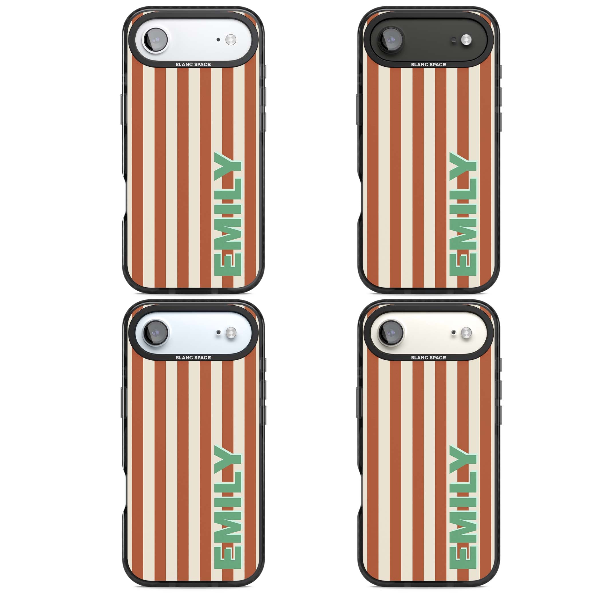 Dune Stripe personalised iPhone case with rust and cream vertical stripes and custom name in mint green | Black Impact Magsafe case for iPhone Air