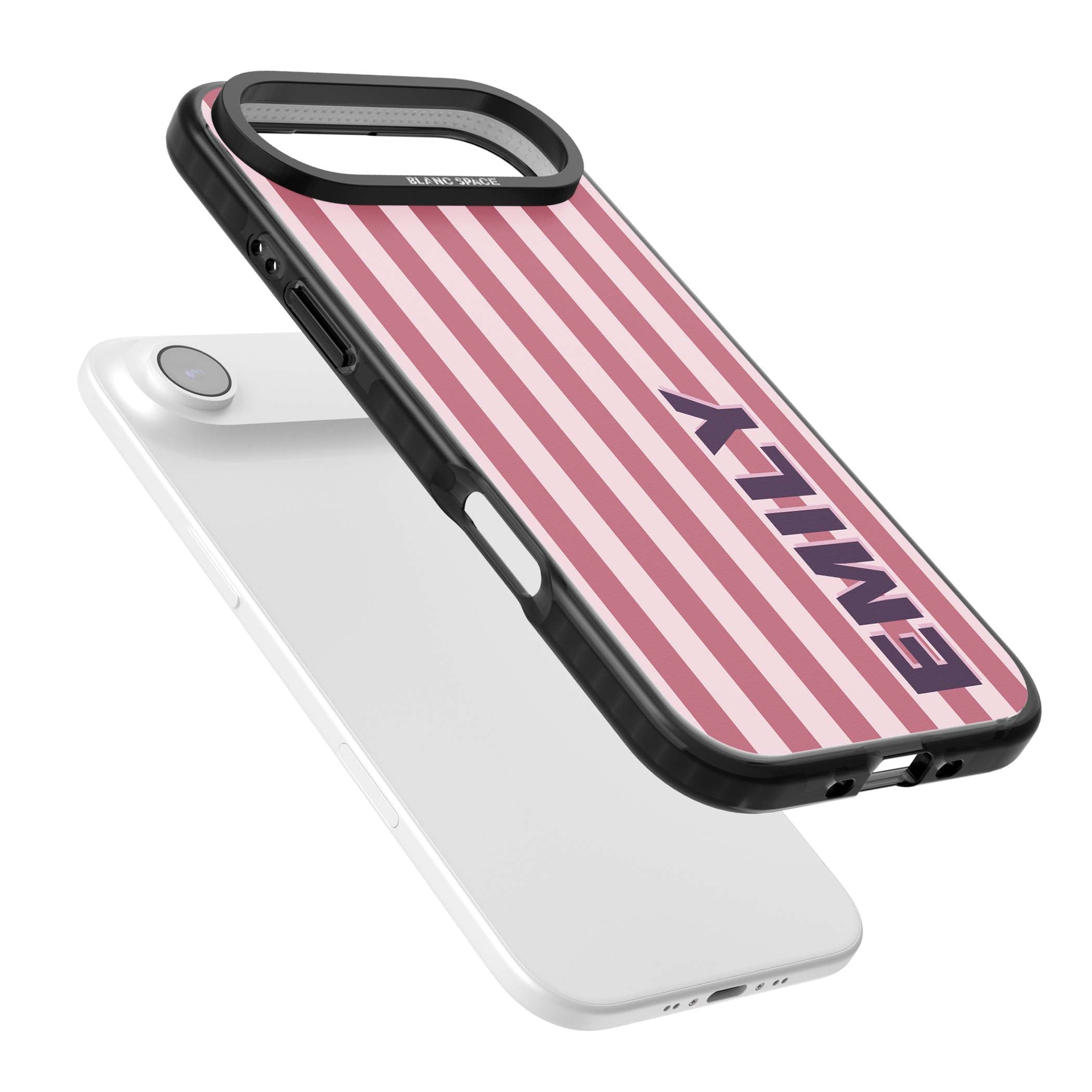 Victoria Stripe personalised iPhone case featuring pink vertical stripes and custom name in bold plum lettering | Black Impact Magsafe case for iPhone Air