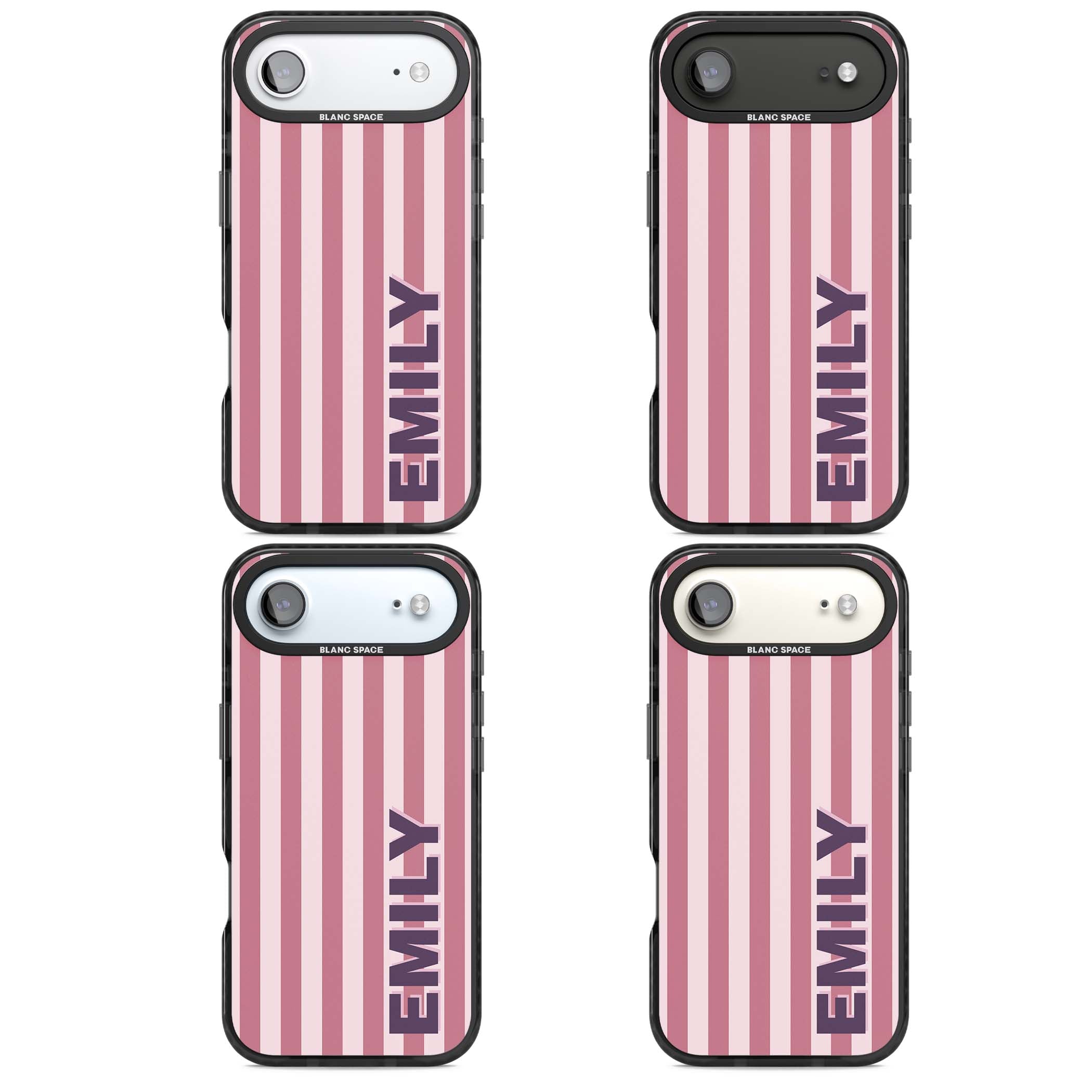 Victoria Stripe personalised iPhone case featuring pink vertical stripes and custom name in bold plum lettering | Black Impact Magsafe case for iPhone Air