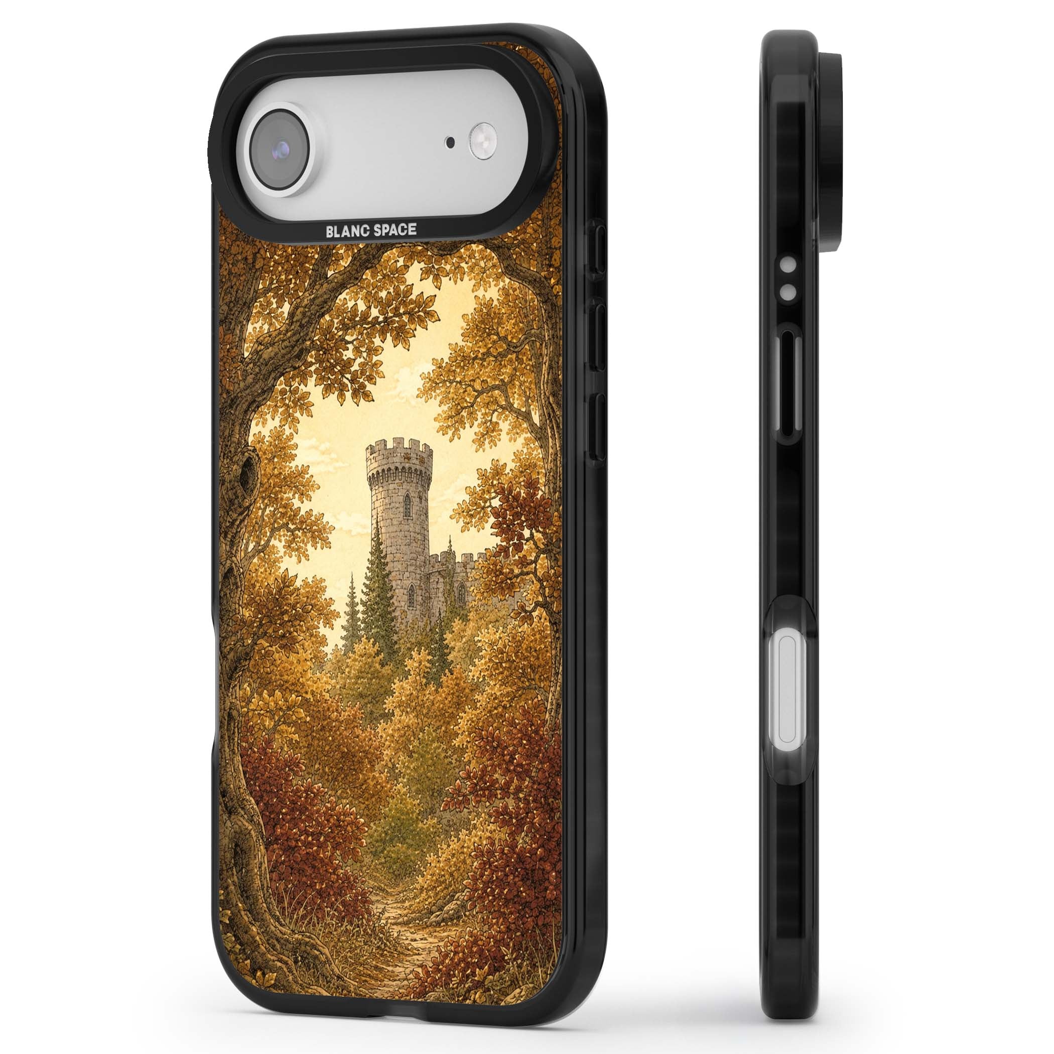 Autumn Keep cottagecore iPhone case featuring a medieval castle tower framed by golden autumn trees and woodland foliage | Black Impact Magsafe case for iPhone Air