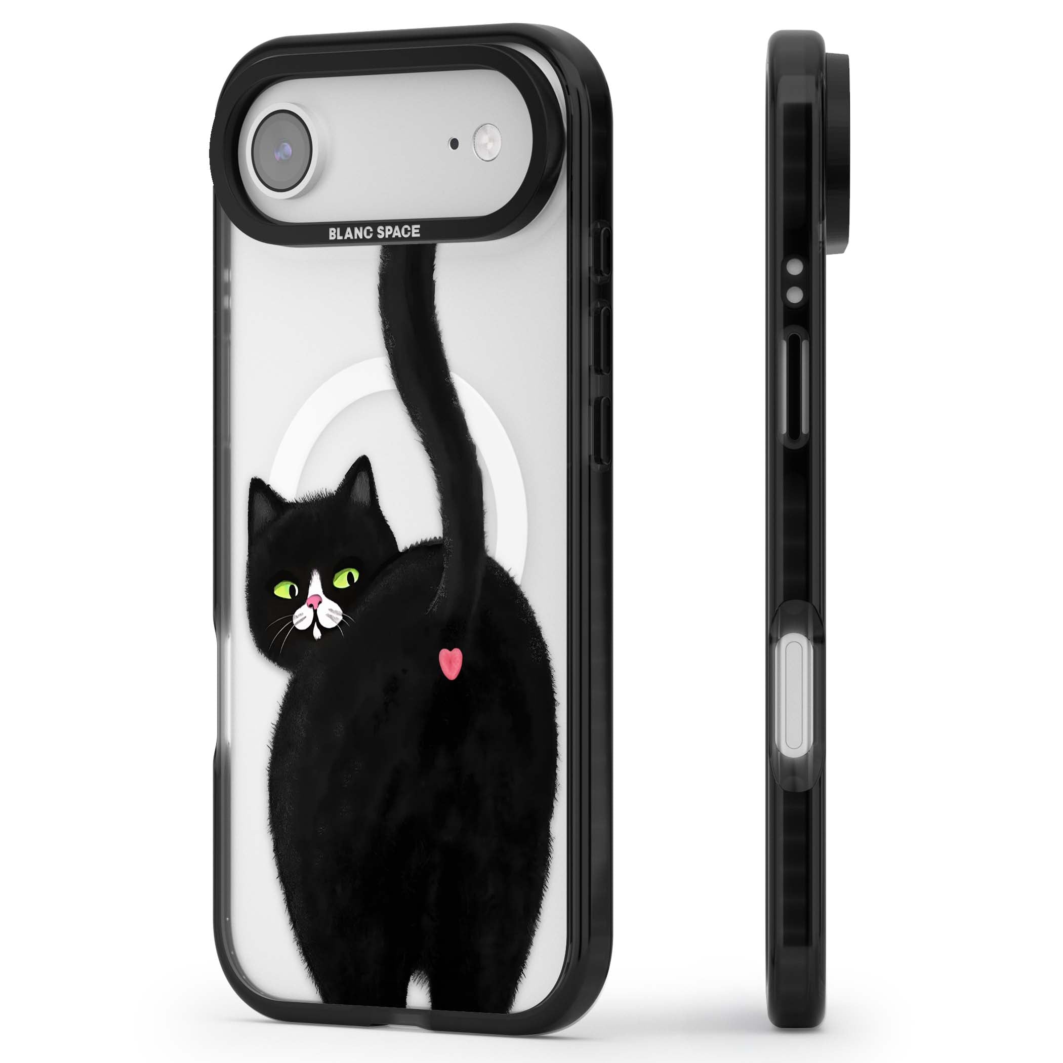 The Cat's Kiss cute cat iPhone case featuring a hand-painted tuxedo kitty with green eyes and a pink heart on a clear  | Black Impact Magsafe case for iPhone Air