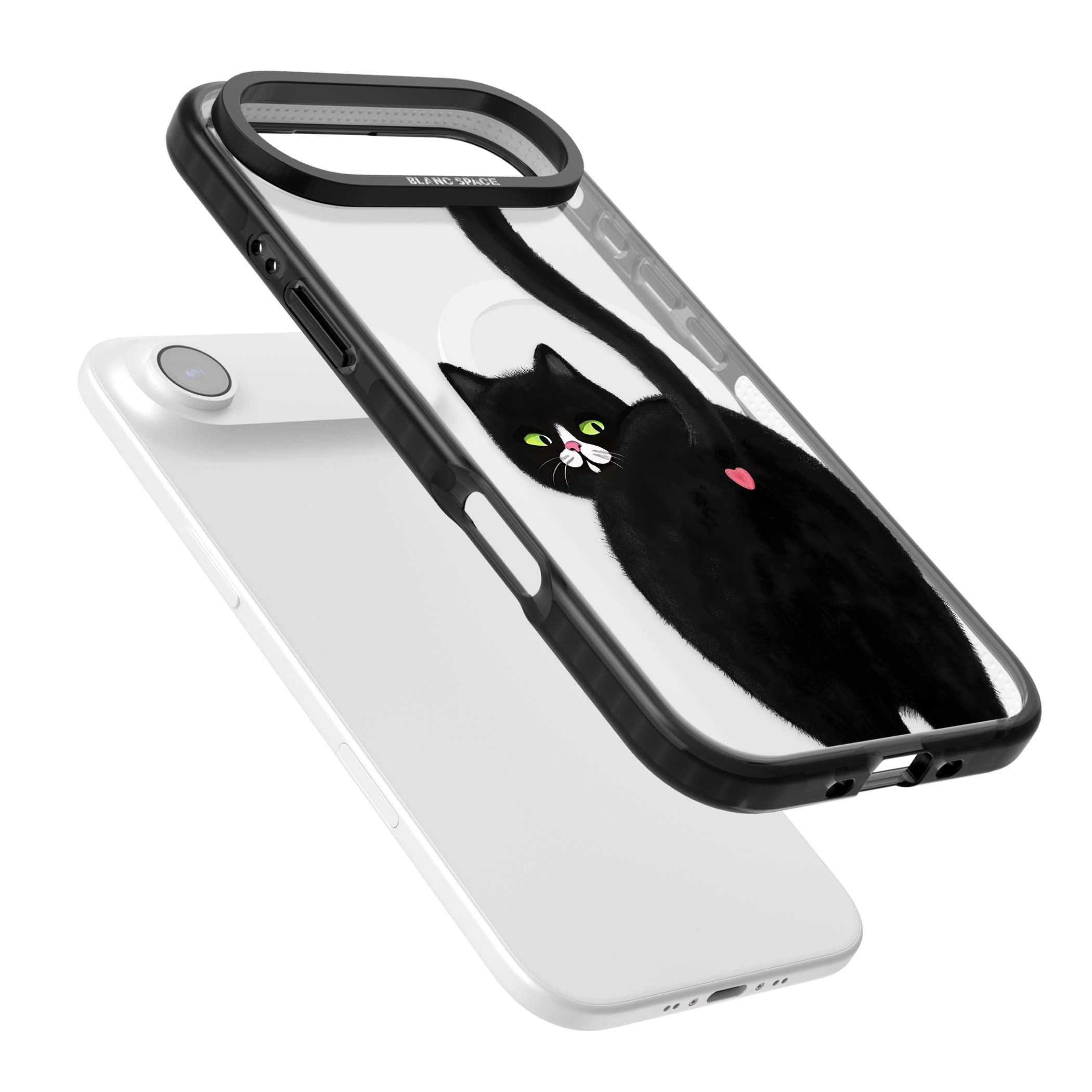 The Cat's Kiss cute cat iPhone case featuring a hand-painted tuxedo kitty with green eyes and a pink heart on a clear  | Black Impact Magsafe case for iPhone Air
