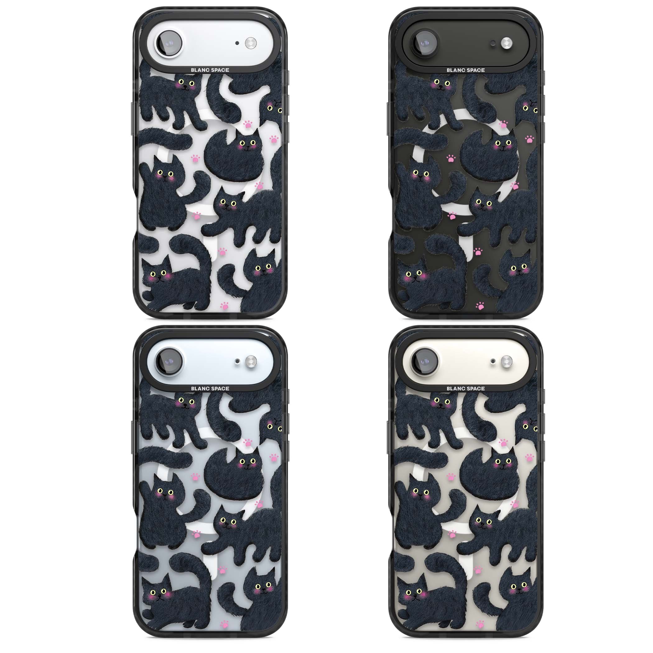 Midnight Cats cute iPhone case featuring black cat pattern with yellow eyes and pink paw prints | Black Impact Magsafe case for iPhone Air