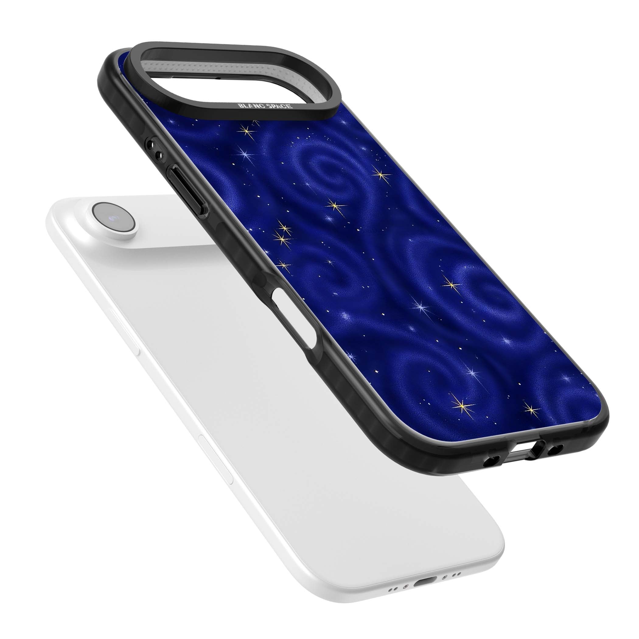 Indigo Cosmos celestial iPhone case featuring swirling navy night sky and sparkling golden stars | Black Impact Magsafe case for iPhone Air