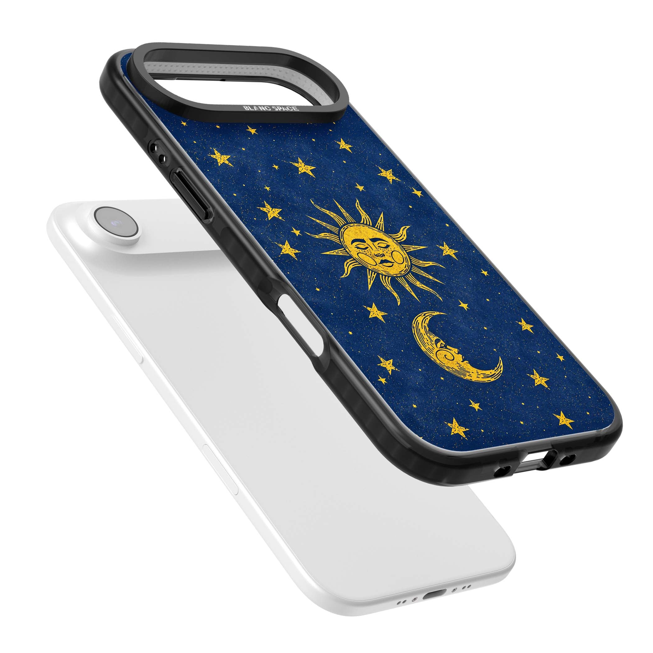 Sun & Moon Reverie celestial iPhone case featuring a vintage golden sun, crescent moon and scattered stars on midnight blue | Black Impact Magsafe case for iPhone Air