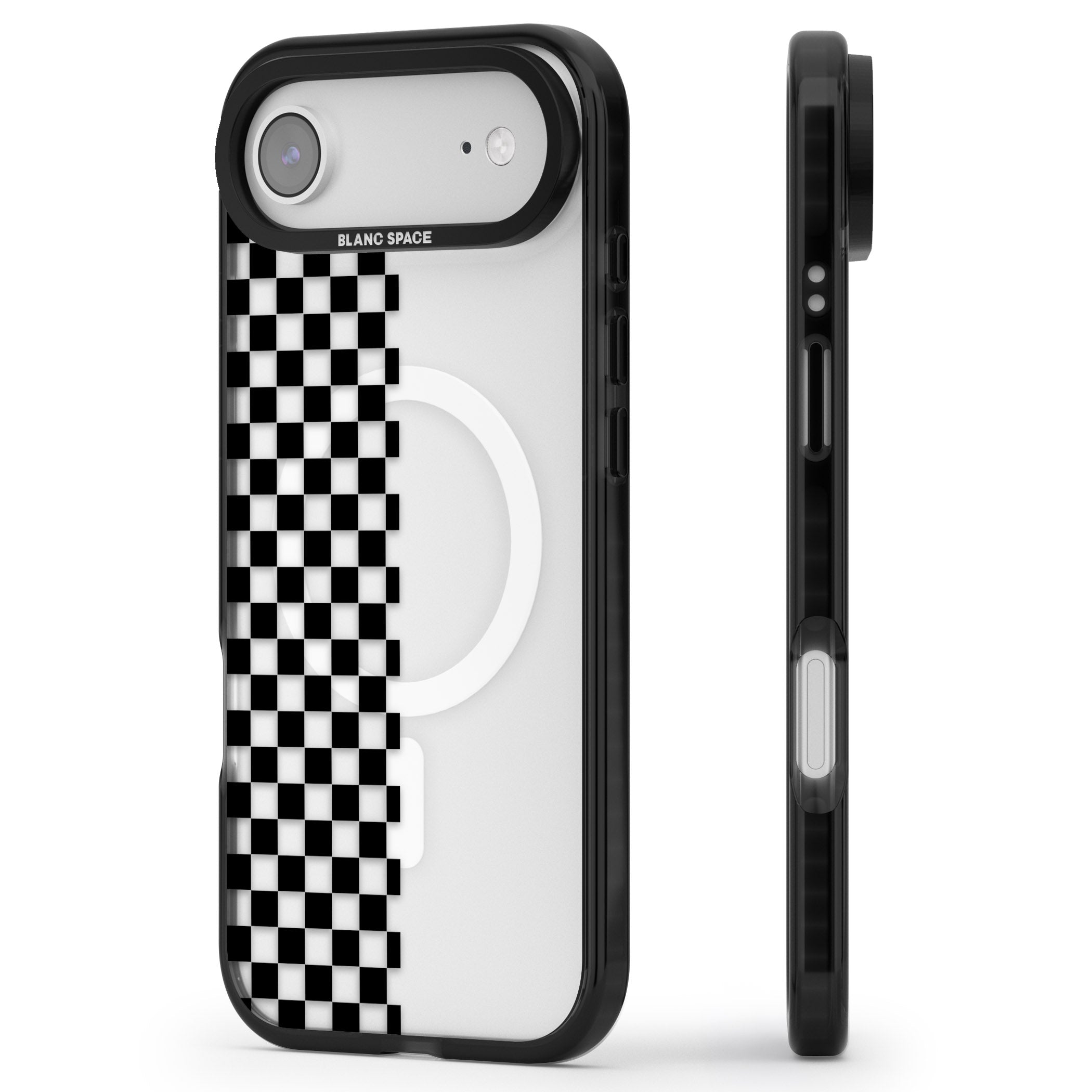 Checker: Half Black Check On Clear iPhone 17 Air Impact Pro Black Phone Case Side Profile