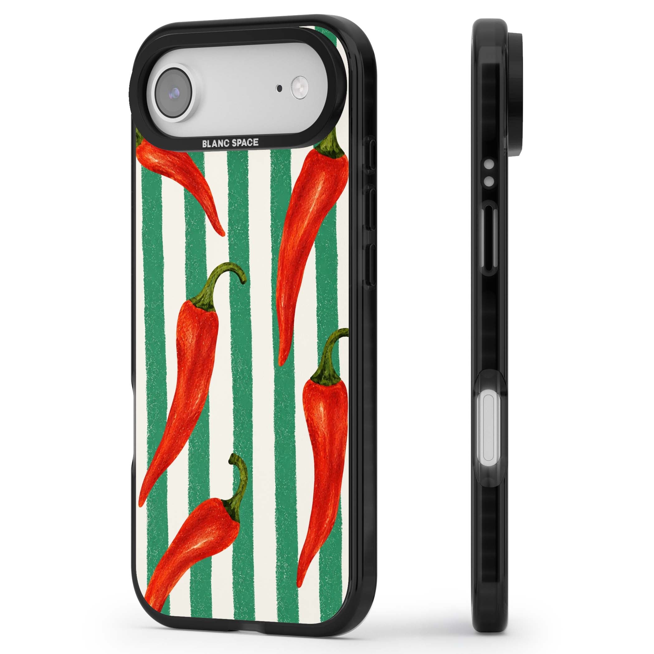 Striped Chillis coastal iPhone case featuring hand-painted red chili peppers on green and cream stripes | Black Impact Magsafe case for iPhone Air