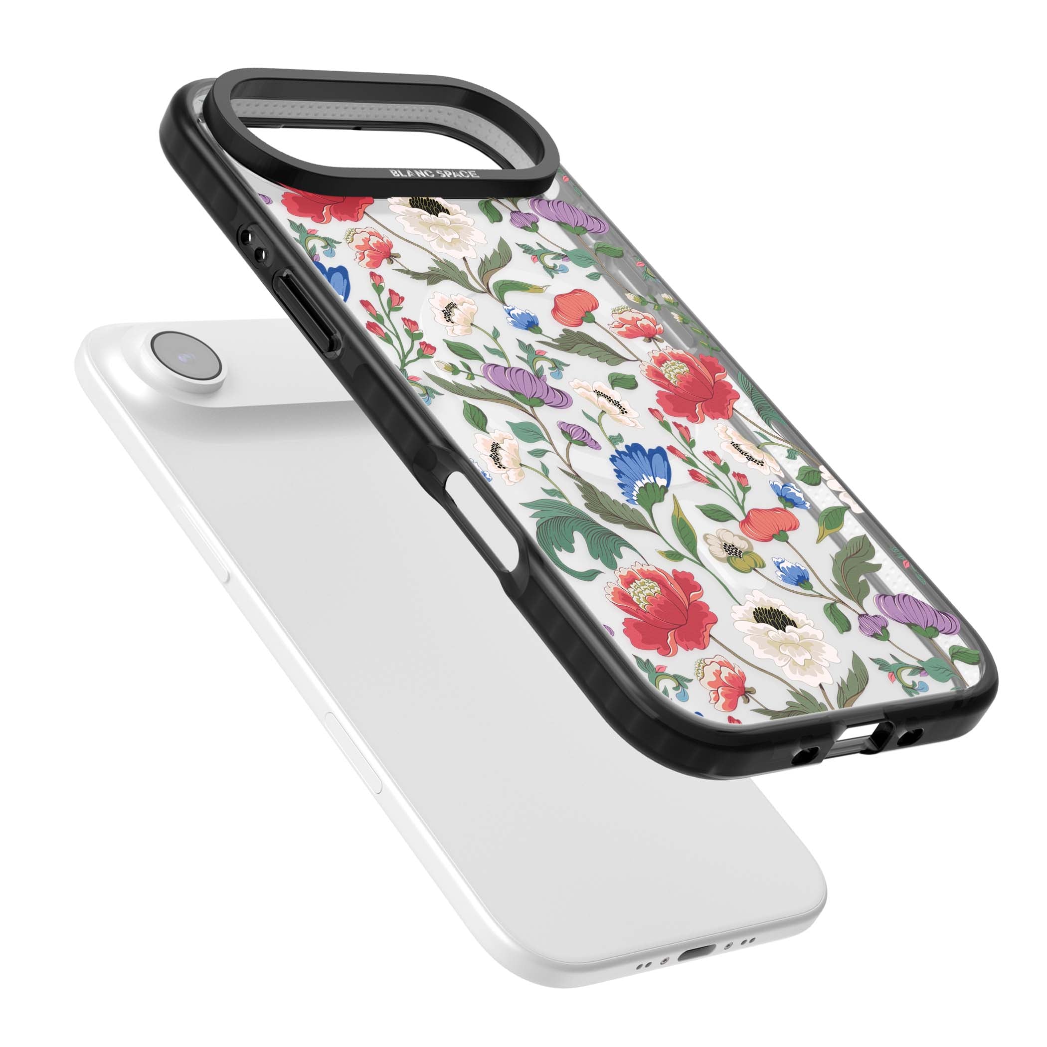 Chinoiserie Bloom vintage floral iPhone case featuring hand-painted peonies, poppies and trailing wildflowers on clear... | Black Impact Magsafe case for iPhone Air