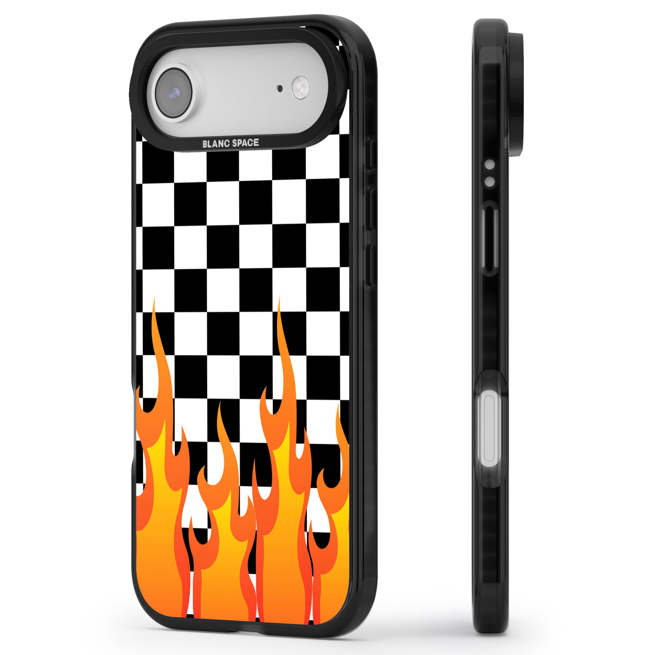 Checkered Fire iPhone 17 Air Impact Pro Black Phone Case Side Profile