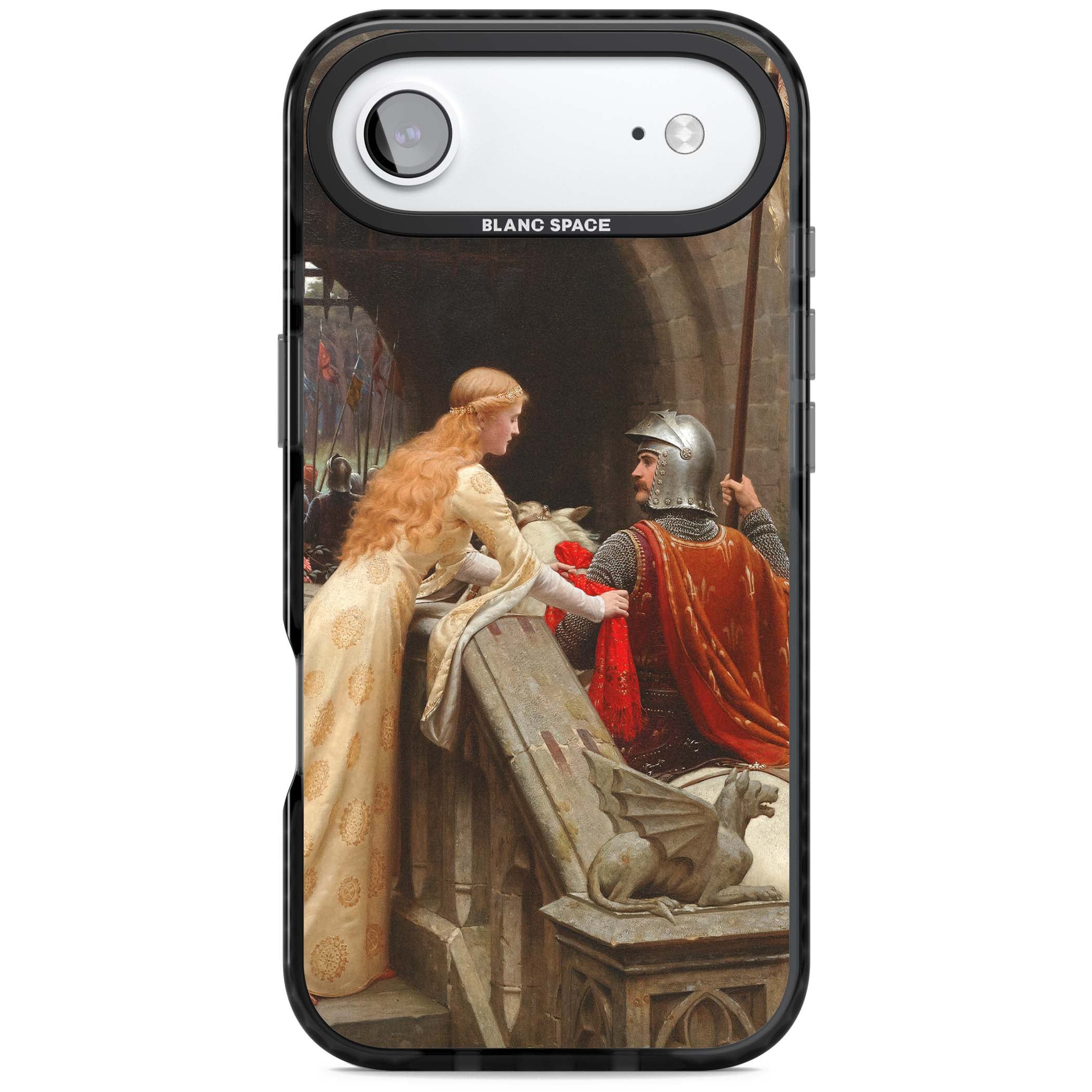 God Speed fine art iPhone case featuring Edmund Blair Leighton's medieval knight and lady beneath a stone archway | Black Impact Magsafe case for iPhone Air