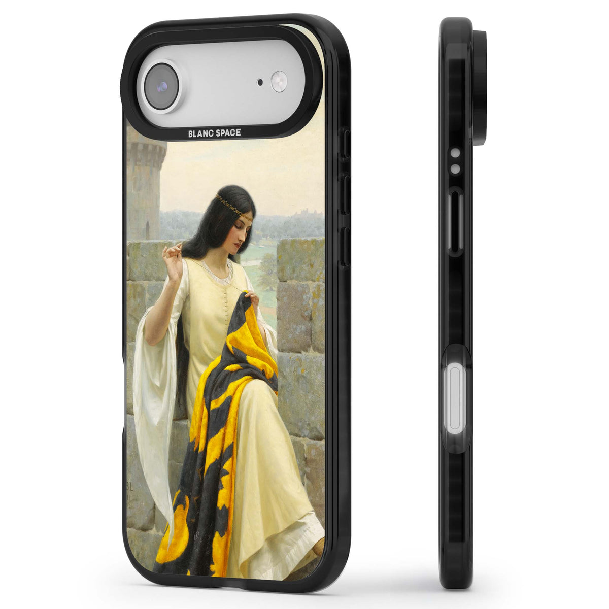 Stitching the Standard renaissance art iPhone case featuring a medieval lady sewing a golden banner on a castle wall | Black Impact Magsafe case for iPhone Air