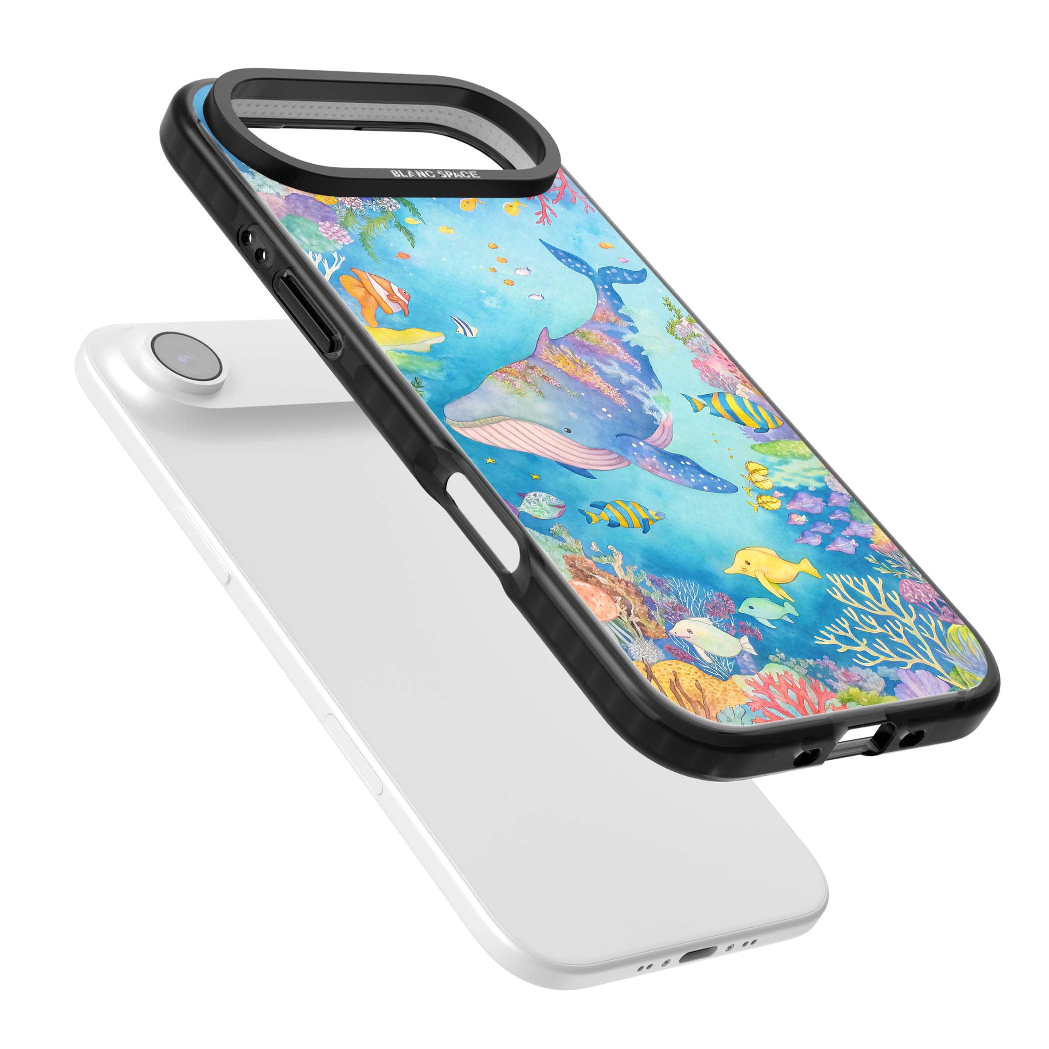 Coral Lagoon ocean iPhone case featuring a watercolour whale, coral reef and tropical fish | Black Impact Magsafe case for iPhone Air