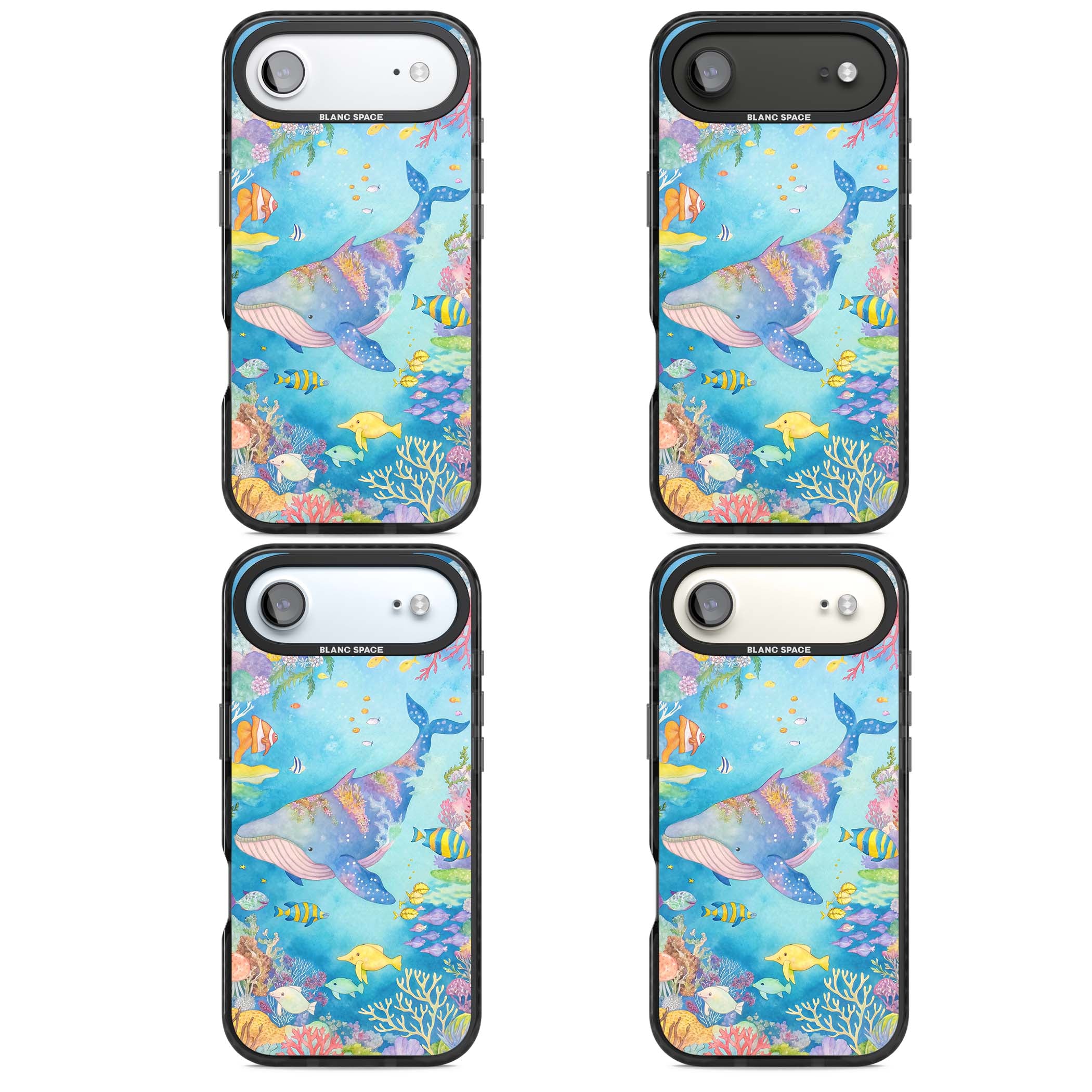 Coral Lagoon ocean iPhone case featuring a watercolour whale, coral reef and tropical fish | Black Impact Magsafe case for iPhone Air