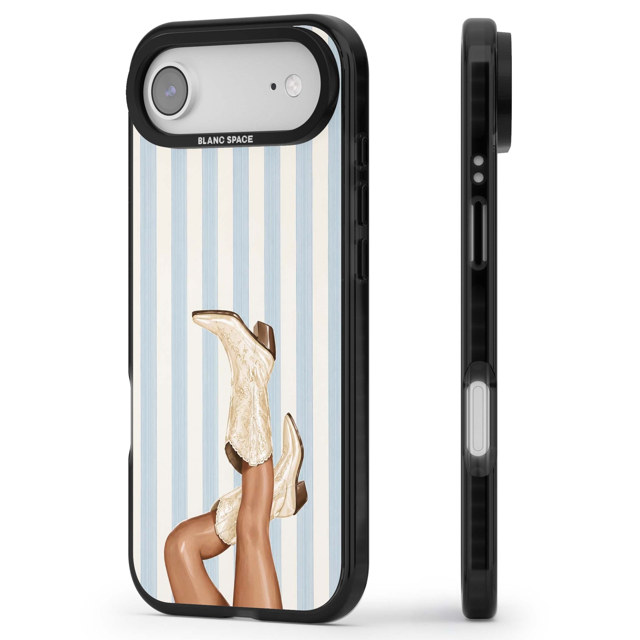 Cowgirl Boots coastal cowgirl iPhone case featuring embroidered western boots, tanned legs and a blue stripe backdrop | Black Impact Magsafe case for iPhone Air