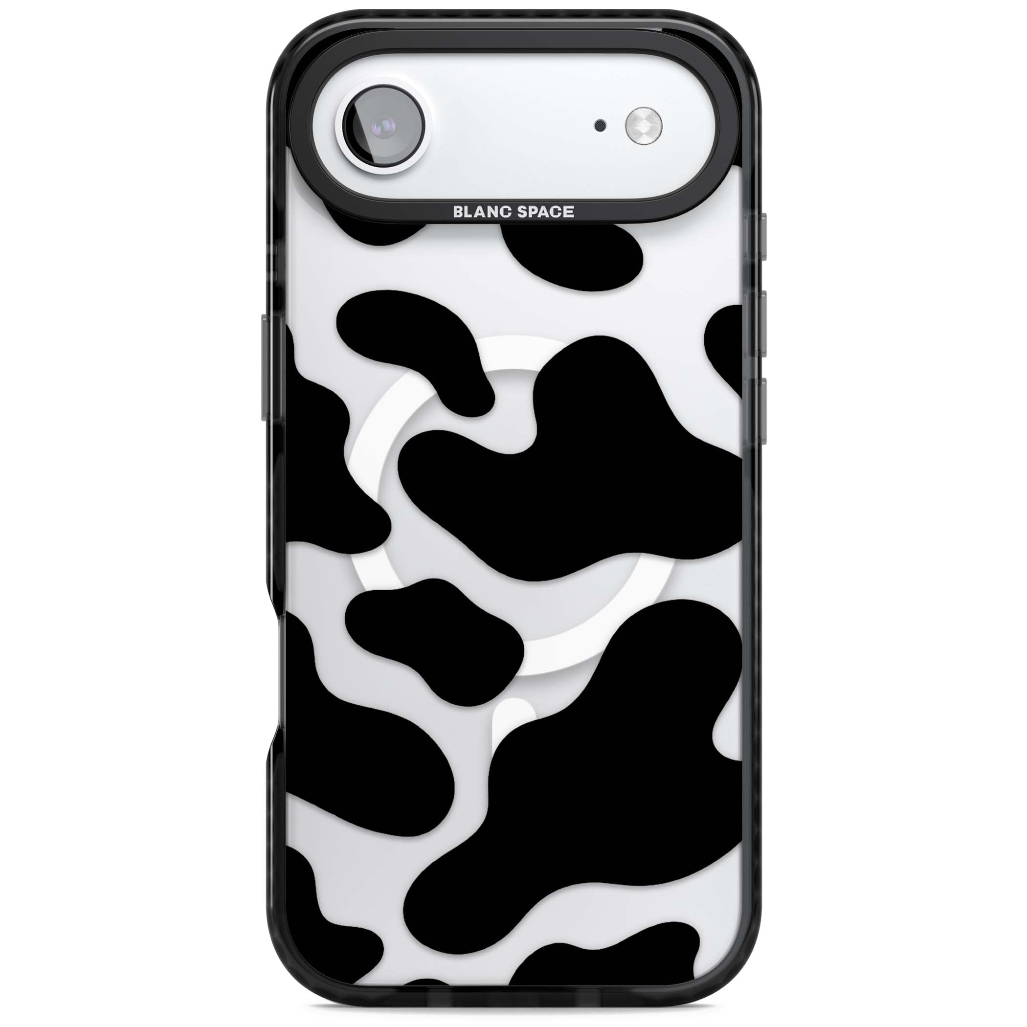 Clear Cow Print cow print iPhone case featuring black and white cow pattern splotches on a clear background | Black Impact Magsafe case for iPhone Air