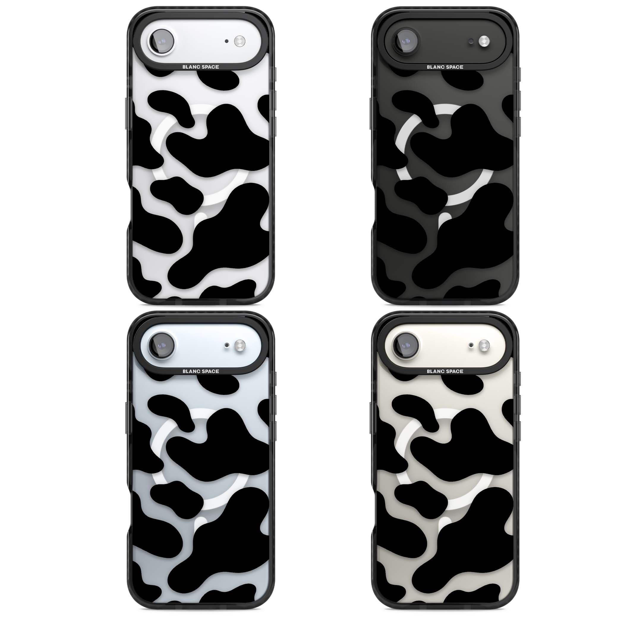 Clear Cow Print cow print iPhone case featuring black and white cow pattern splotches on a clear background | Black Impact Magsafe case for iPhone Air