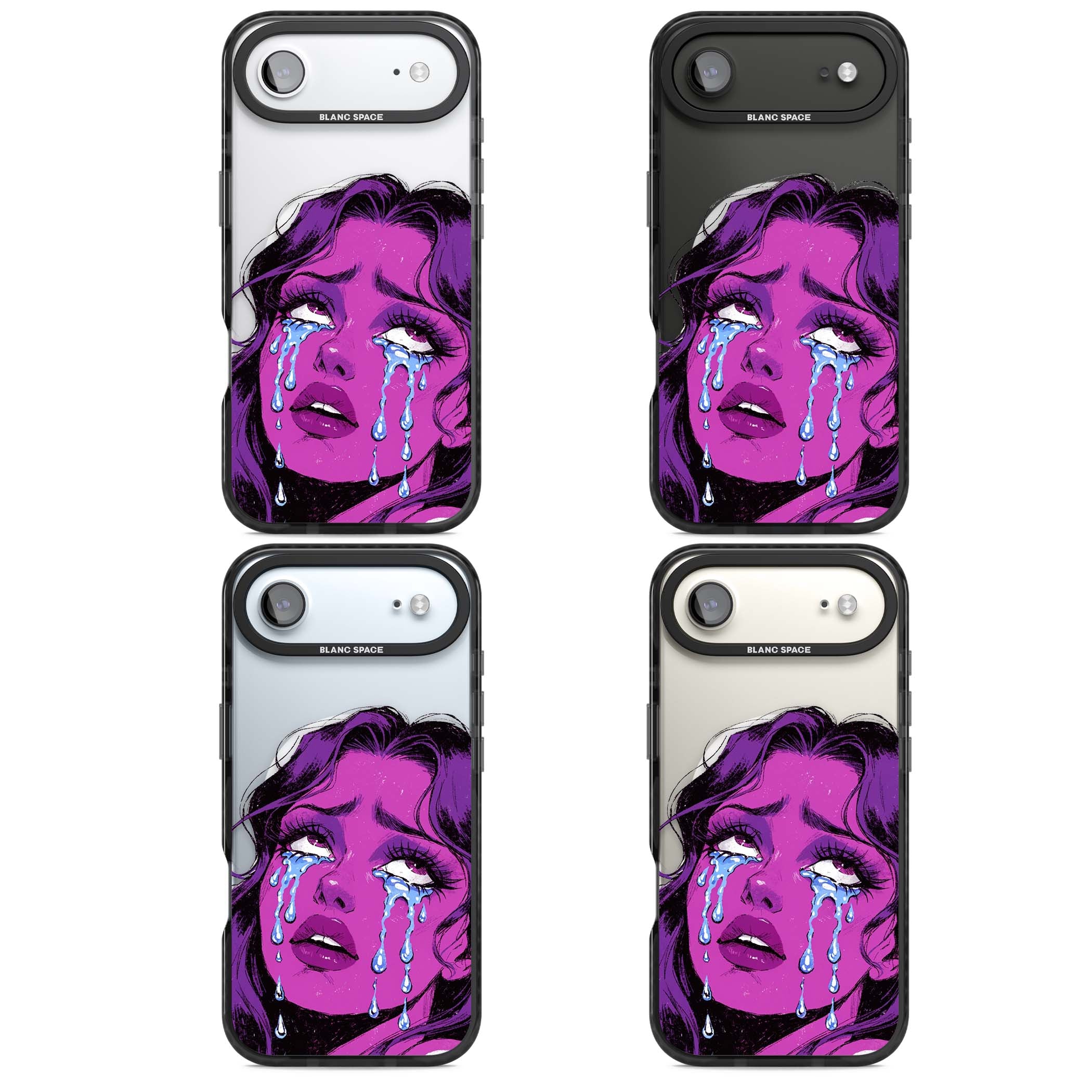 Drama Queen pop art iPhone case featuring a purple crying comic girl with blue tears | Black Impact Magsafe case for iPhone Air