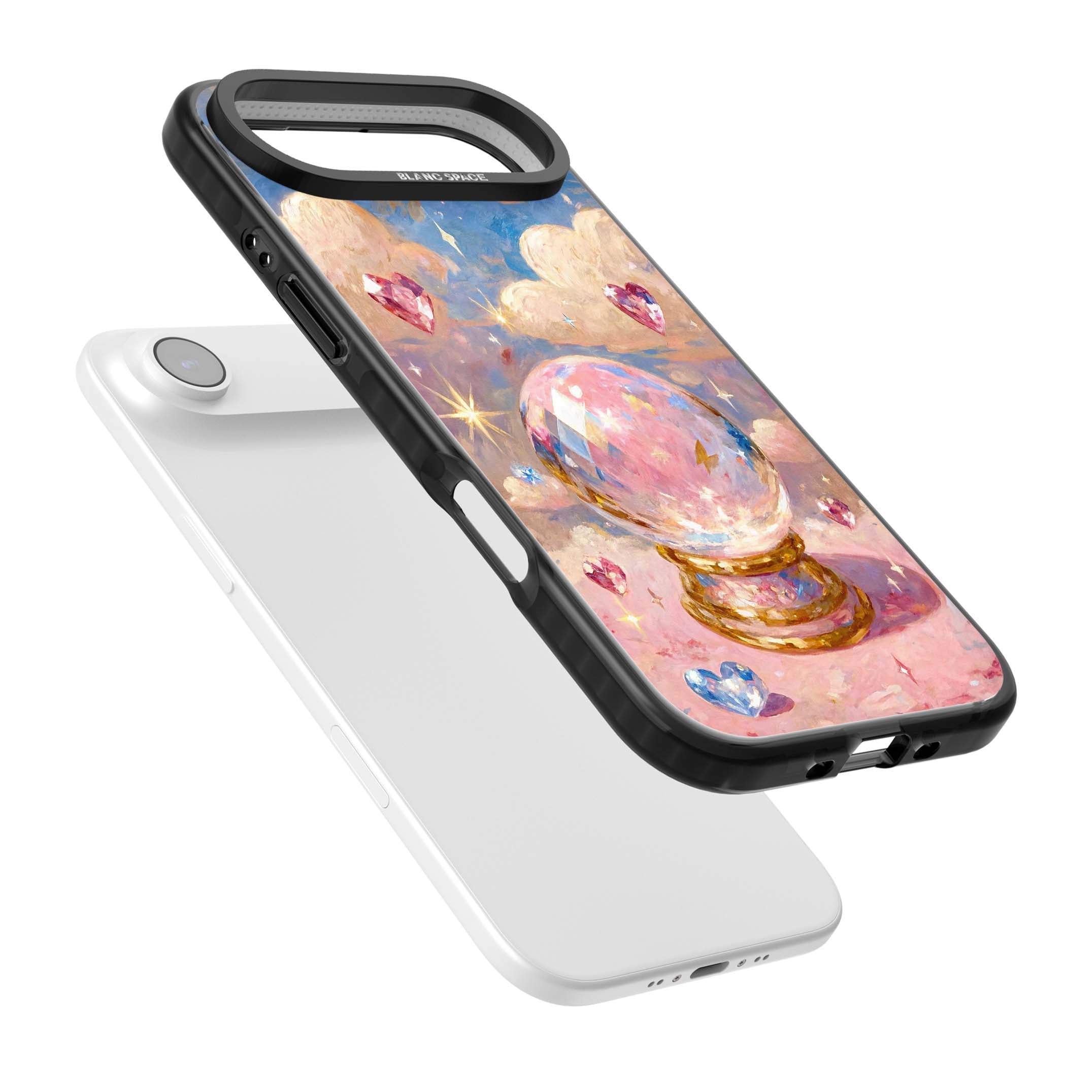 Crystal Ball fairycore iPhone case featuring a painted crystal ball, heart gemstones, and pastel clouds | Black Impact Magsafe case for iPhone Air