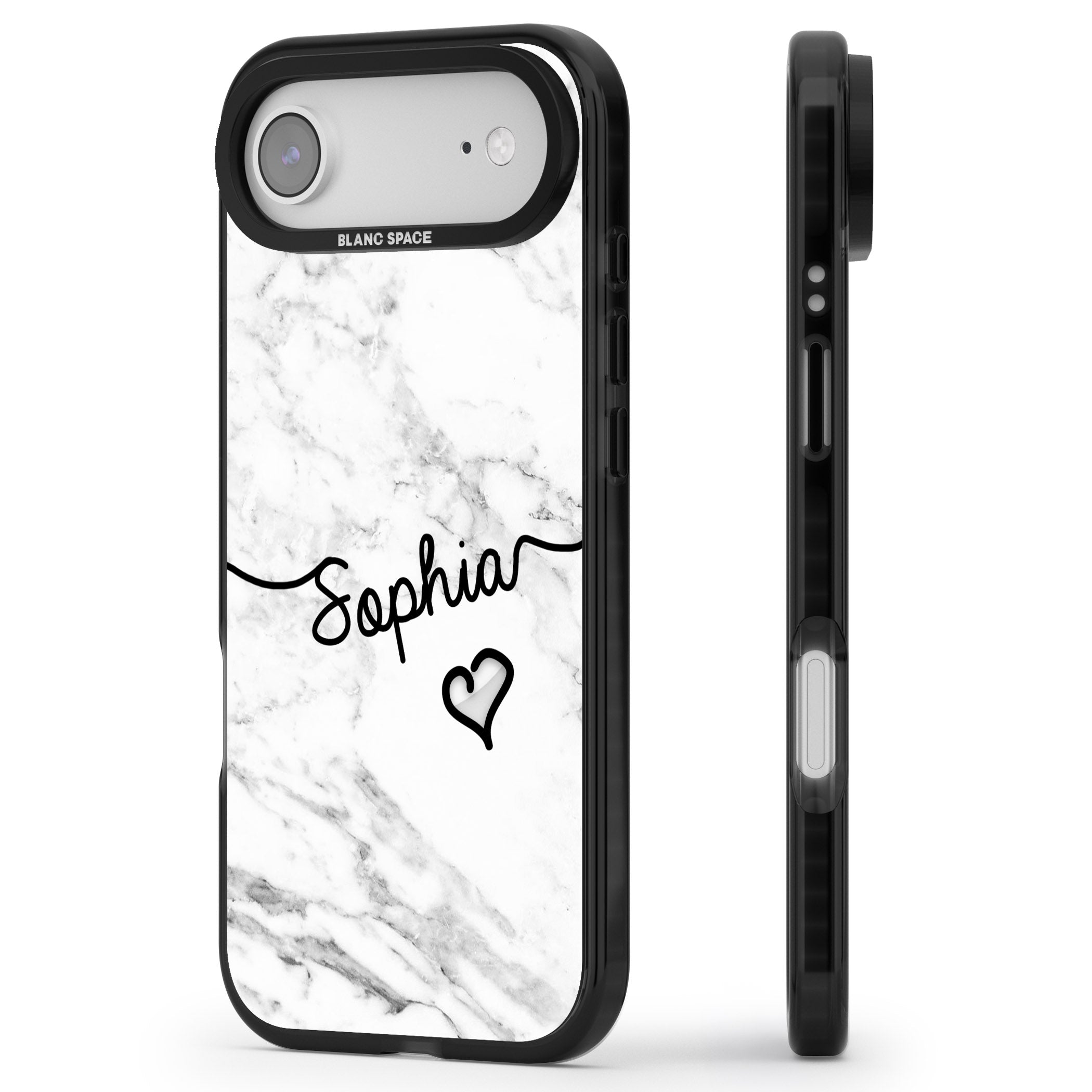 Personalised White Marble Heart iPhone 17 Air Impact Pro Black Phone Case Side Profile