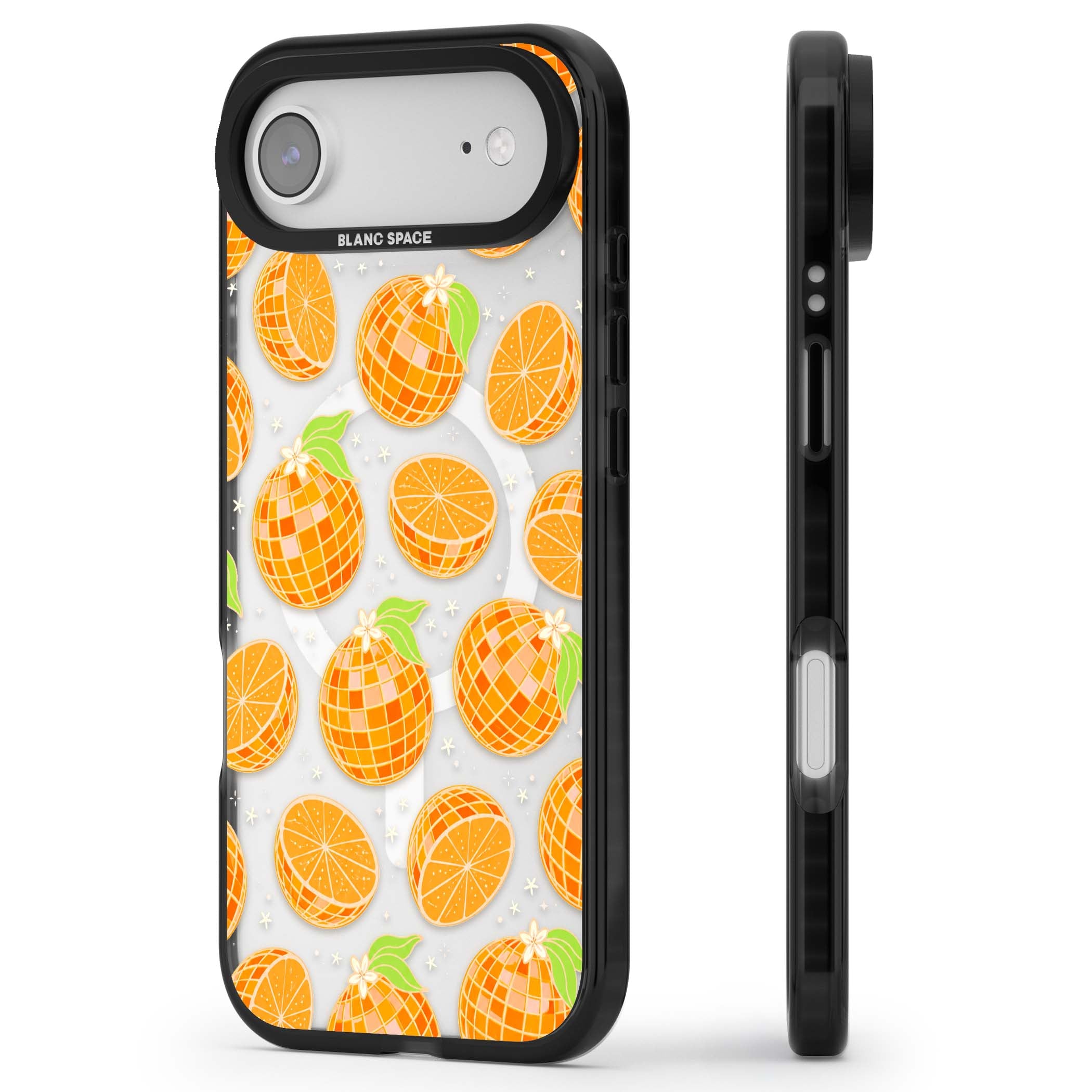 Disco Oranges retro iPhone case featuring mirrorball oranges, citrus slices and tiny blossoms on clear | Black Impact Magsafe case for iPhone Air