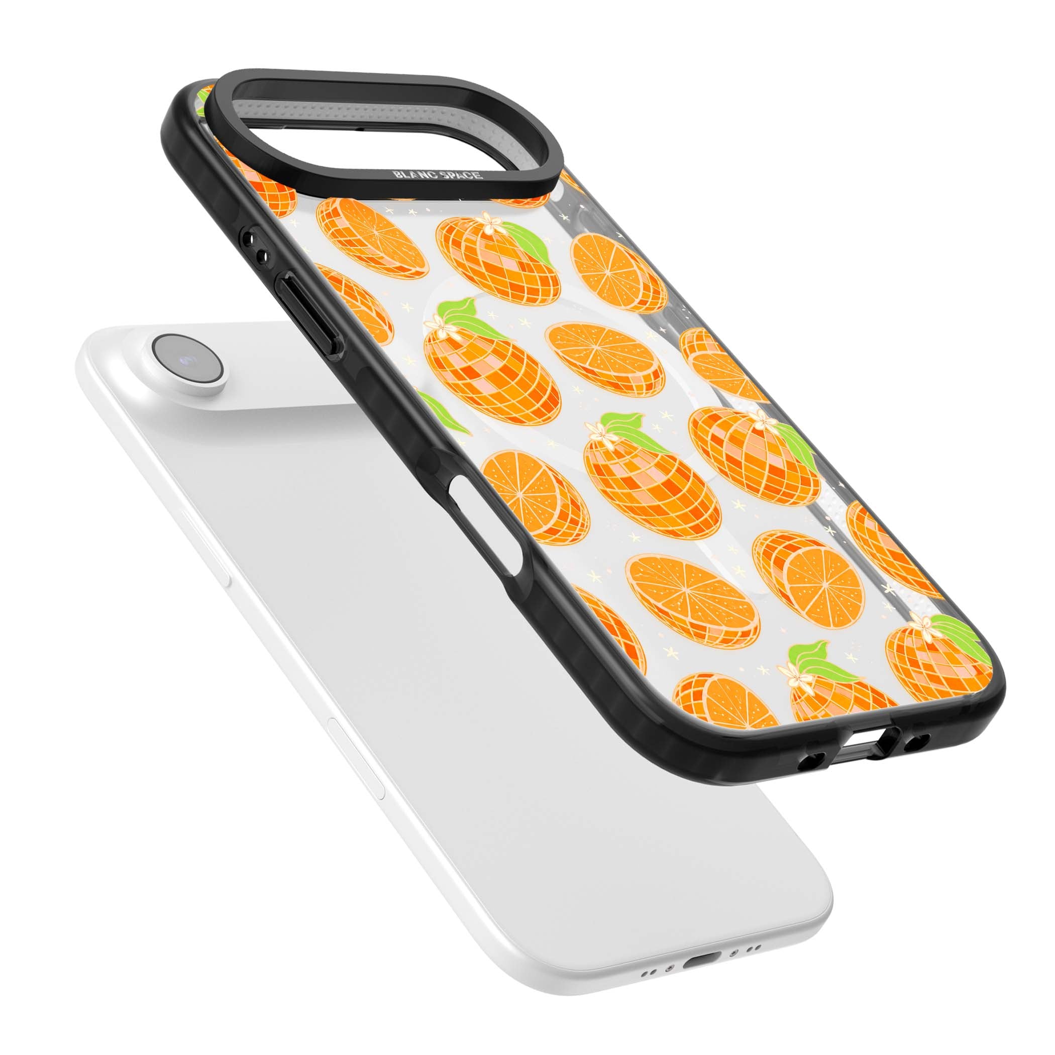 Disco Oranges retro iPhone case featuring mirrorball oranges, citrus slices and tiny blossoms on clear | Black Impact Magsafe case for iPhone Air
