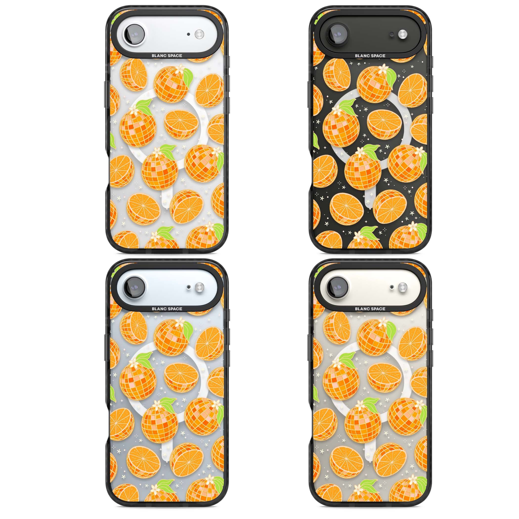 Disco Oranges retro iPhone case featuring mirrorball oranges, citrus slices and tiny blossoms on clear | Black Impact Magsafe case for iPhone Air