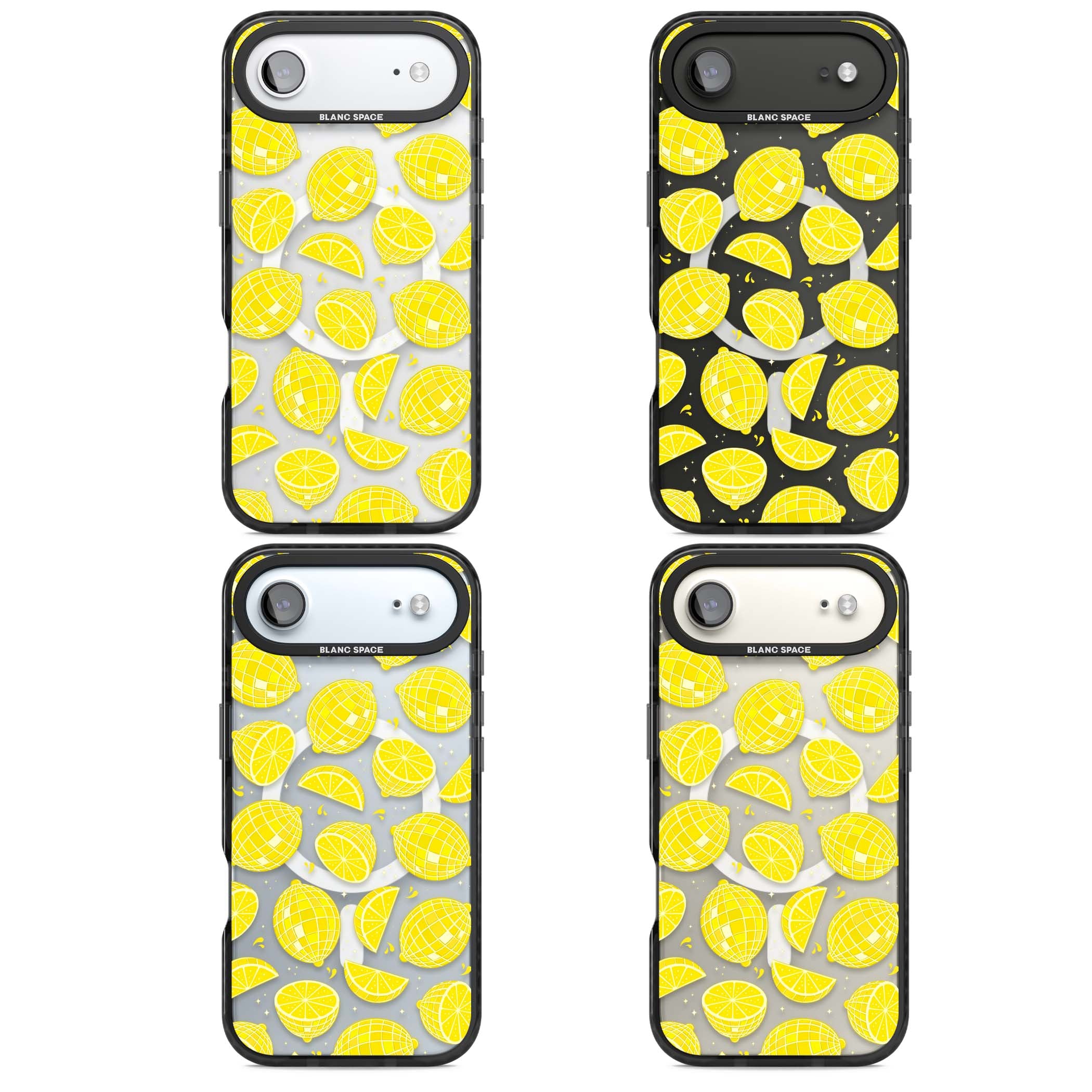 Disco Lemons citrus iPhone case featuring mirrorball lemons, sliced fruit and sparkle accents | Black Impact Magsafe case for iPhone Air