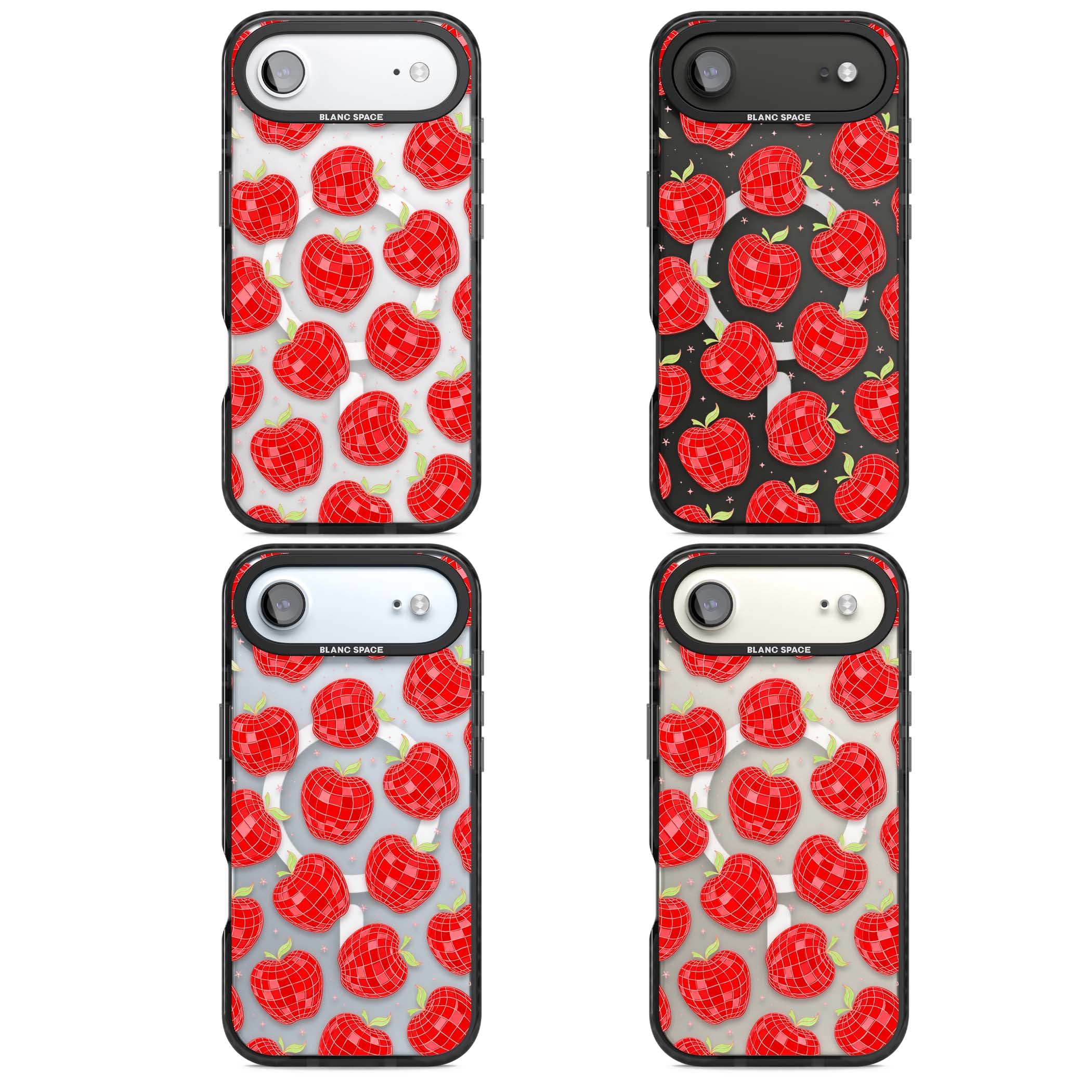 Disco Apples Y2K iPhone case featuring red disco ball apples, green leaves and pink sparkles on clear | Black Impact Magsafe case for iPhone Air