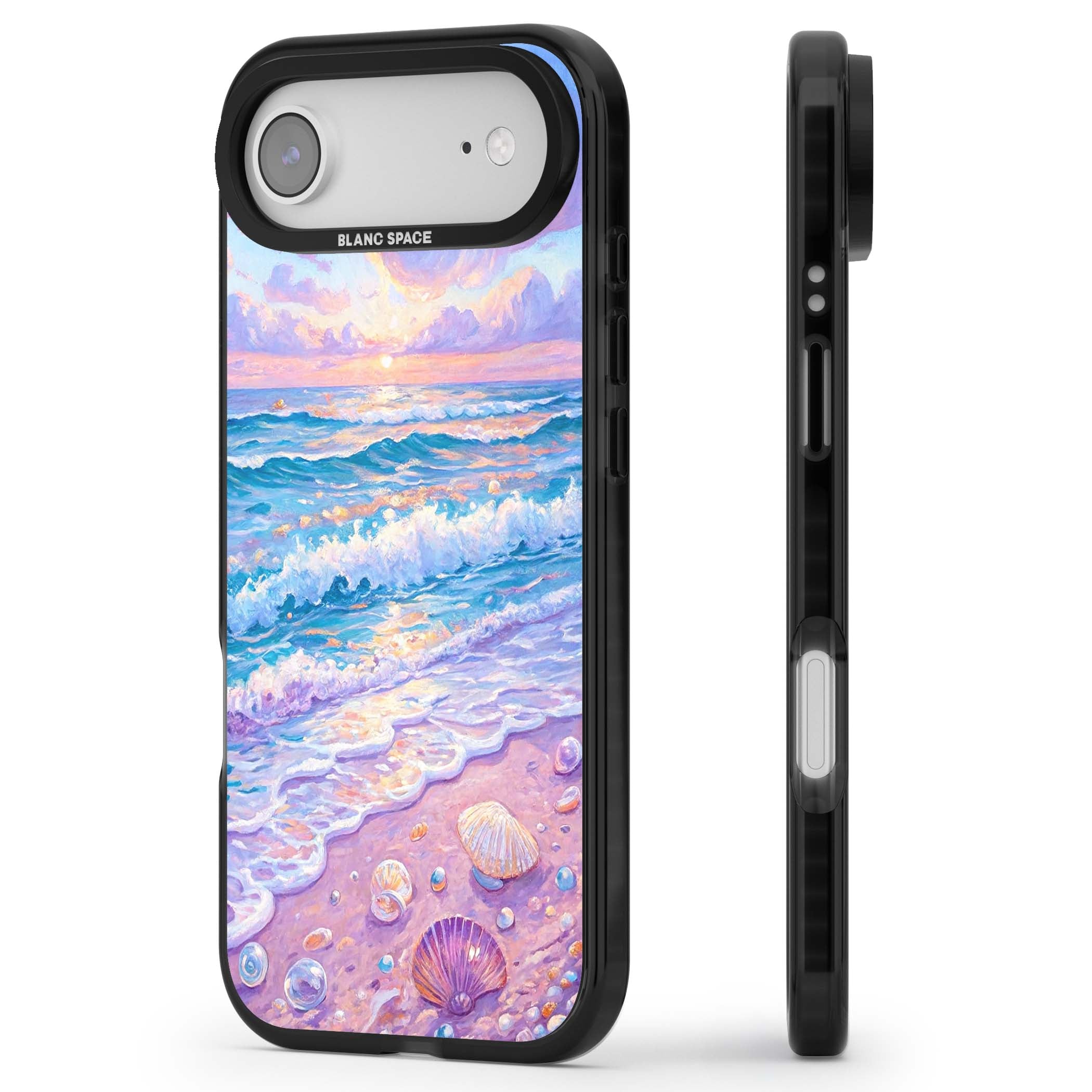 Pearl Shore coastal iPhone case featuring pastel painted waves, seashells, and a sunrise sky over a lavender beach. | Black Impact Magsafe case for iPhone Air