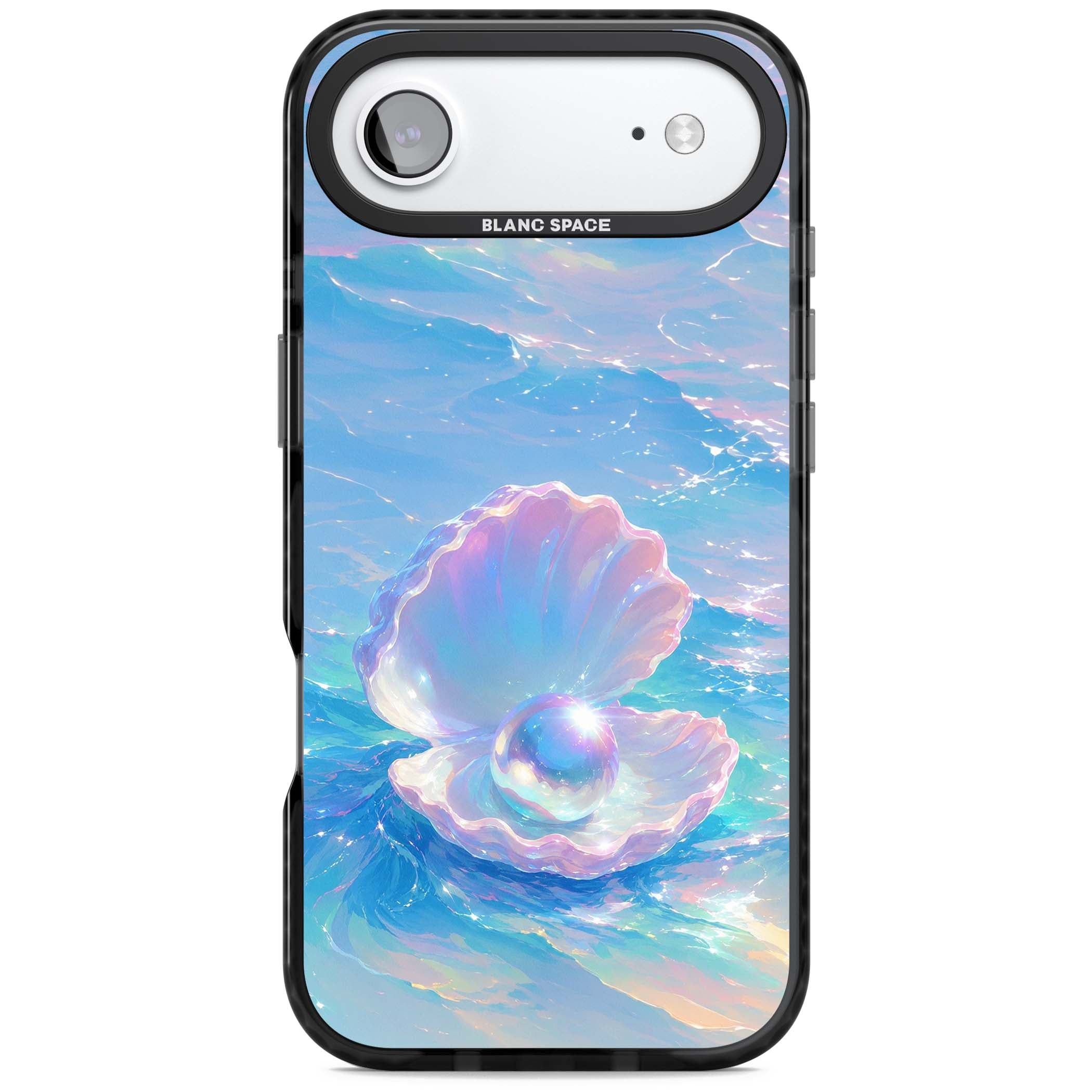 The Pearl Clam mermaidcore iPhone case featuring iridescent seashell, glowing pearl and pastel ocean waves | Black Impact Magsafe case for iPhone Air