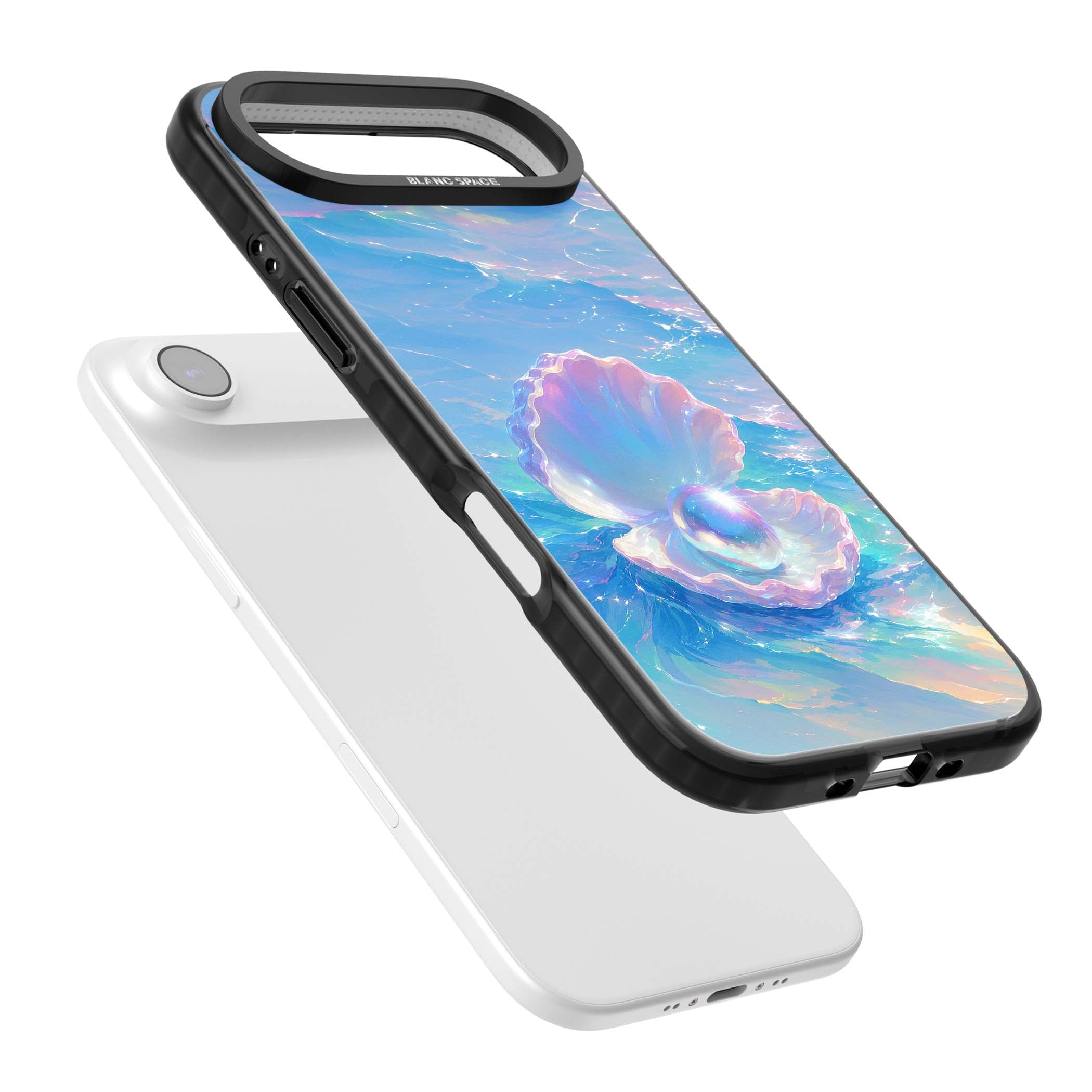 The Pearl Clam mermaidcore iPhone case featuring iridescent seashell, glowing pearl and pastel ocean waves | Black Impact Magsafe case for iPhone Air
