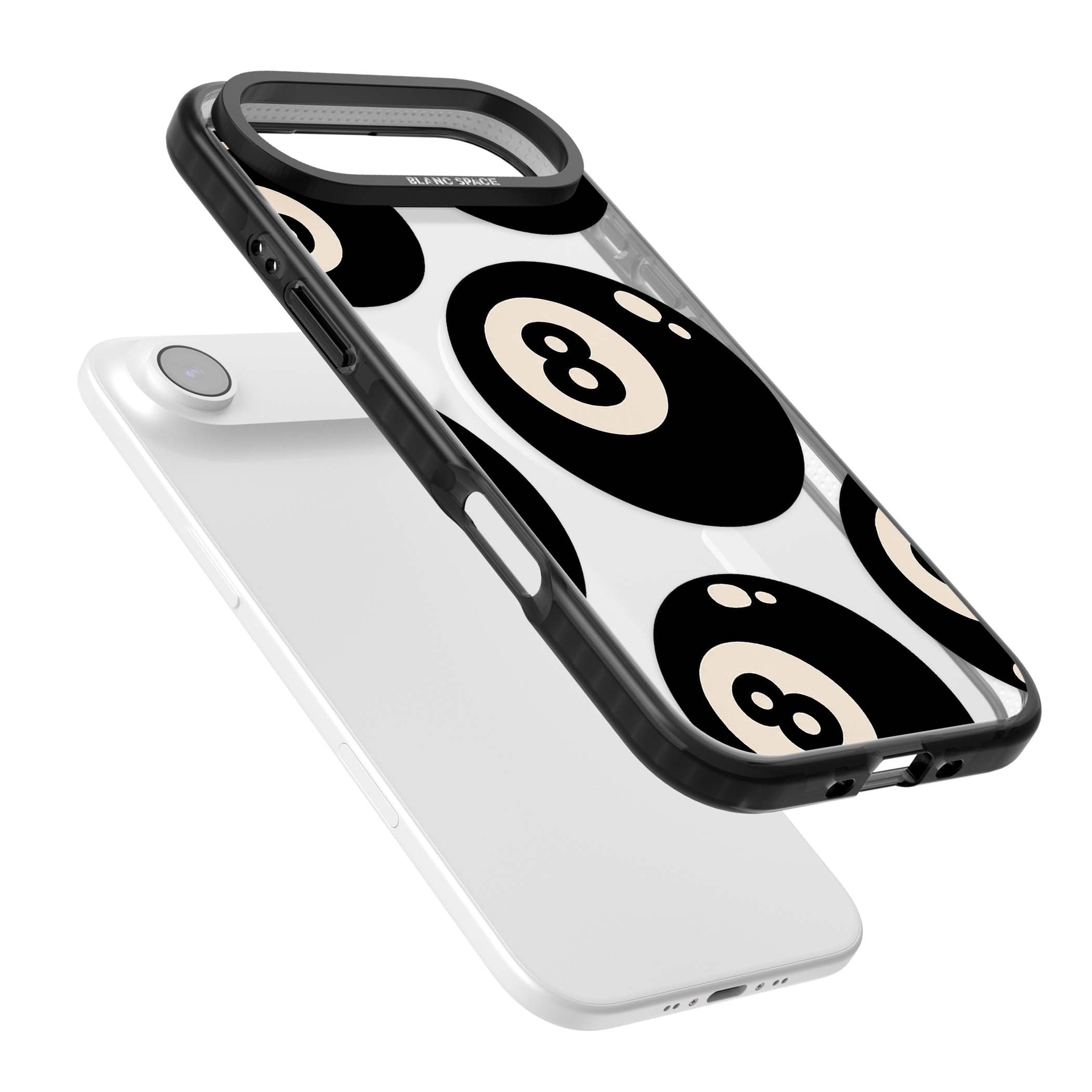 Eights y2k iPhone case featuring scattered black 8 balls with cream highlights on a clear background | Black Impact Magsafe case for iPhone Air