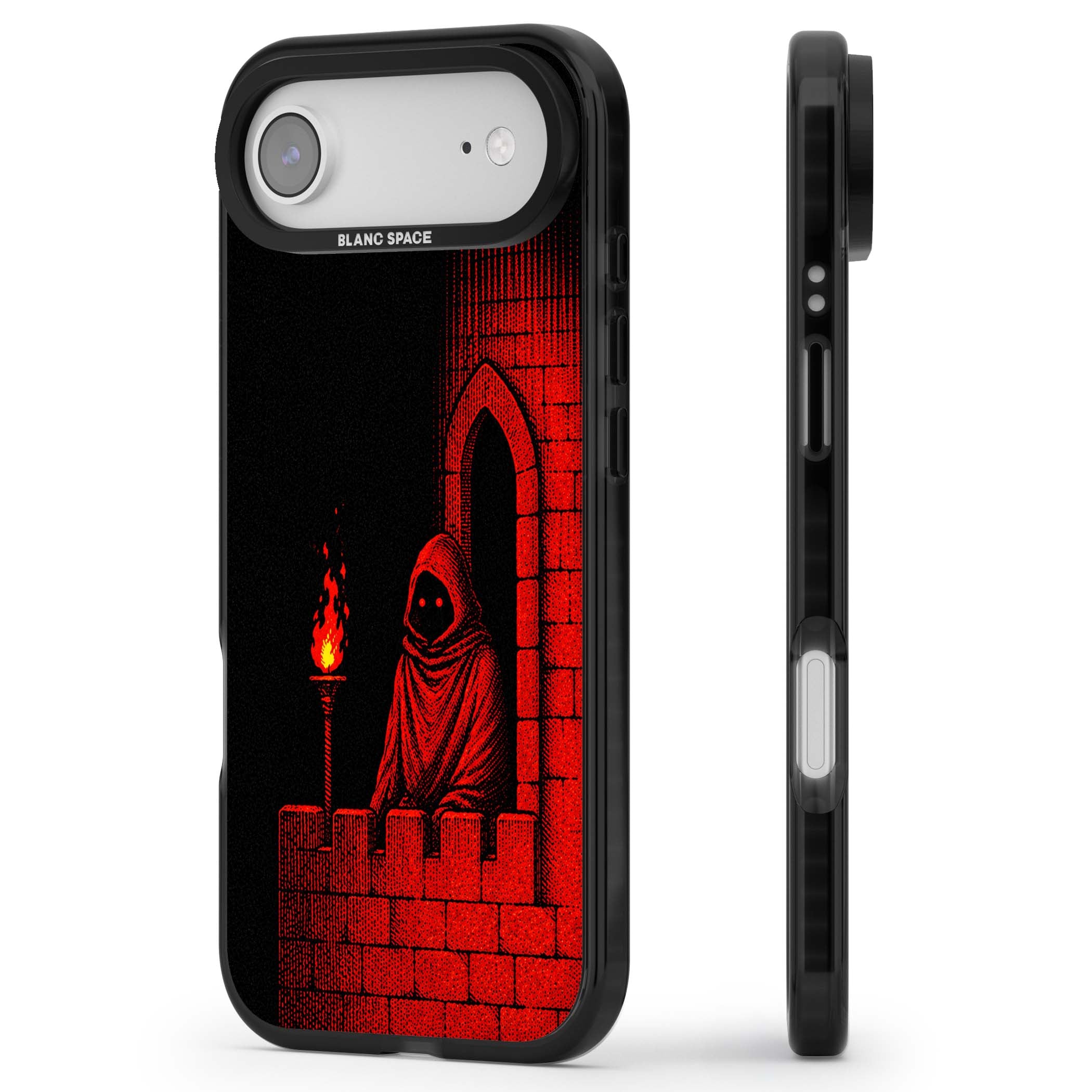 Crimson Crypt gothic iPhone case featuring a hooded reaper, torchlit crypt archway and red halftone horror art | Black Impact Magsafe case for iPhone Air