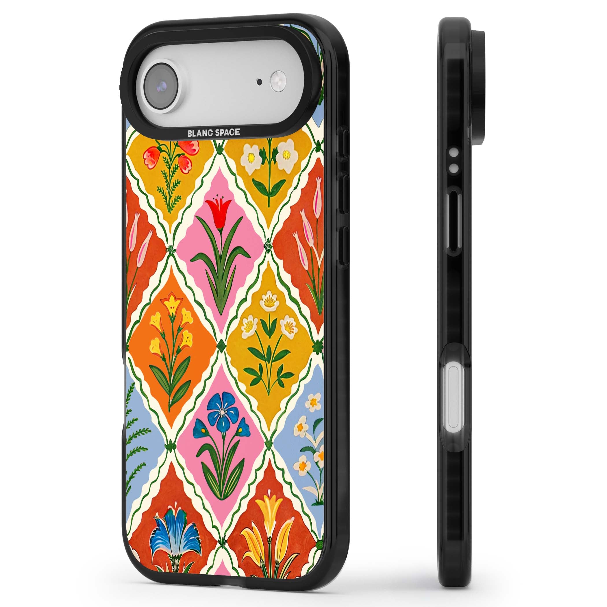 Floral Quilt boho floral iPhone case featuring diamond lattice pattern, hand-painted tulips and folk art wildflowers | Black Impact Magsafe case for iPhone Air