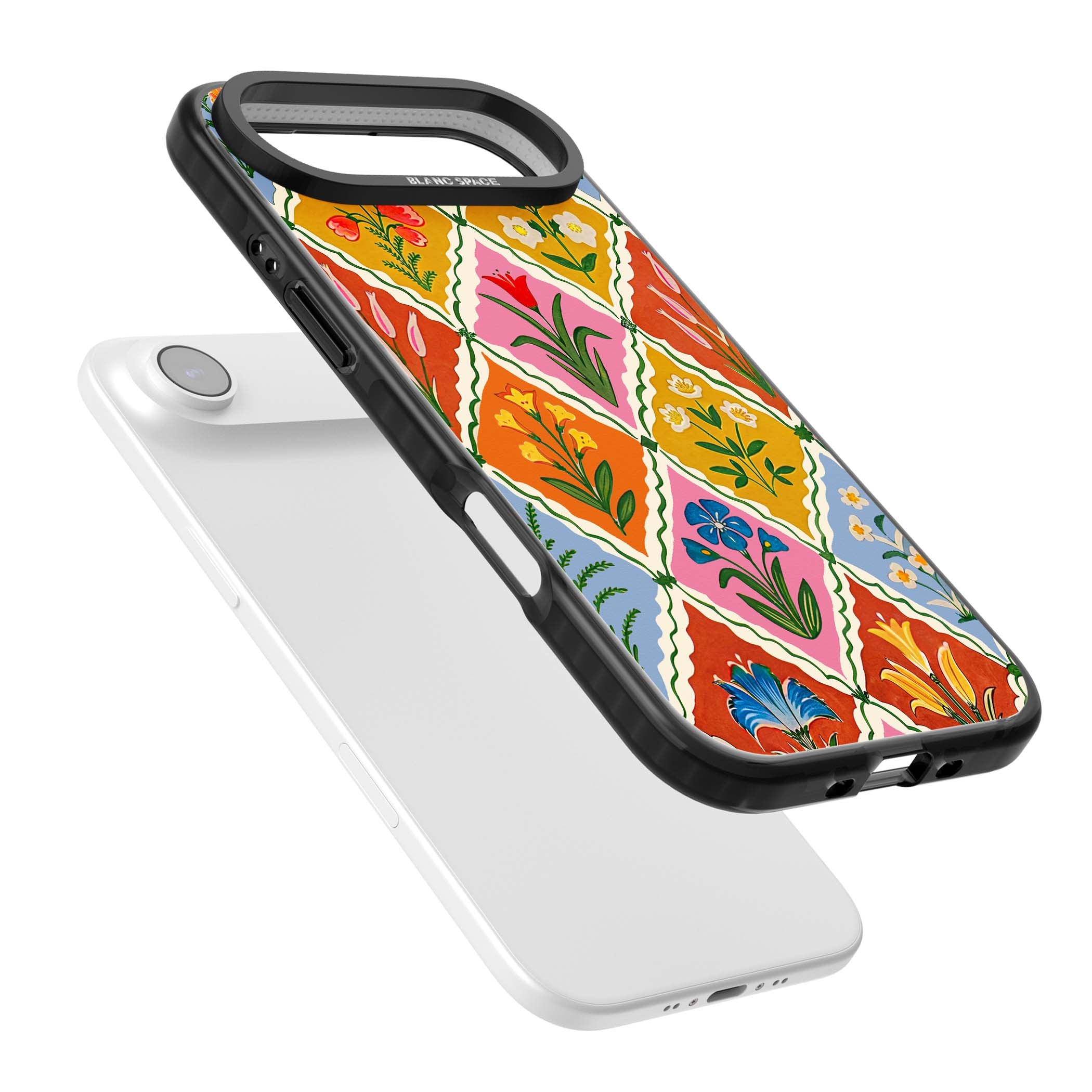 Floral Quilt boho floral iPhone case featuring diamond lattice pattern, hand-painted tulips and folk art wildflowers | Black Impact Magsafe case for iPhone Air