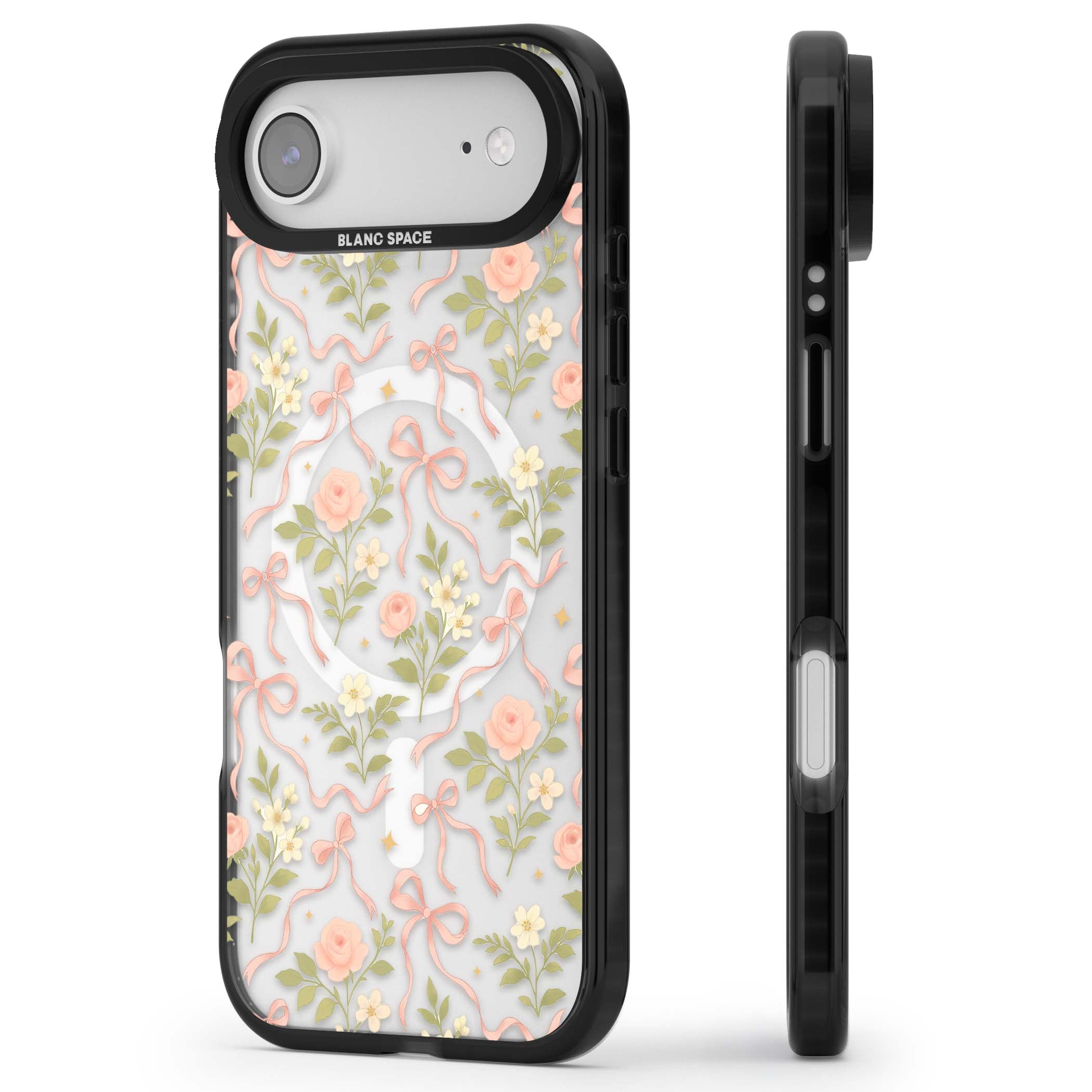 Ribbon Garden coquette iPhone case featuring pink bows, peach roses and wildflowers on white background | Black Impact Magsafe case for iPhone Air