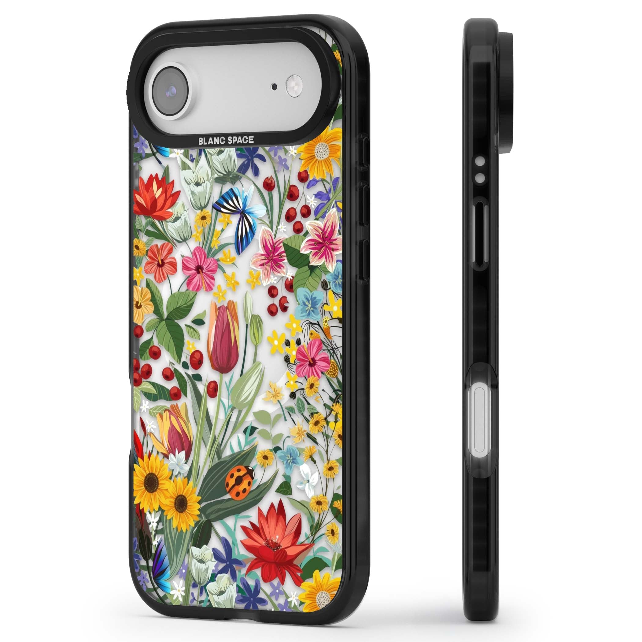 Botanical Bloom cottagecore iPhone case featuring colorful wildflowers, sunflowers, and ladybugs on clear background | Black Impact Magsafe case for iPhone Air