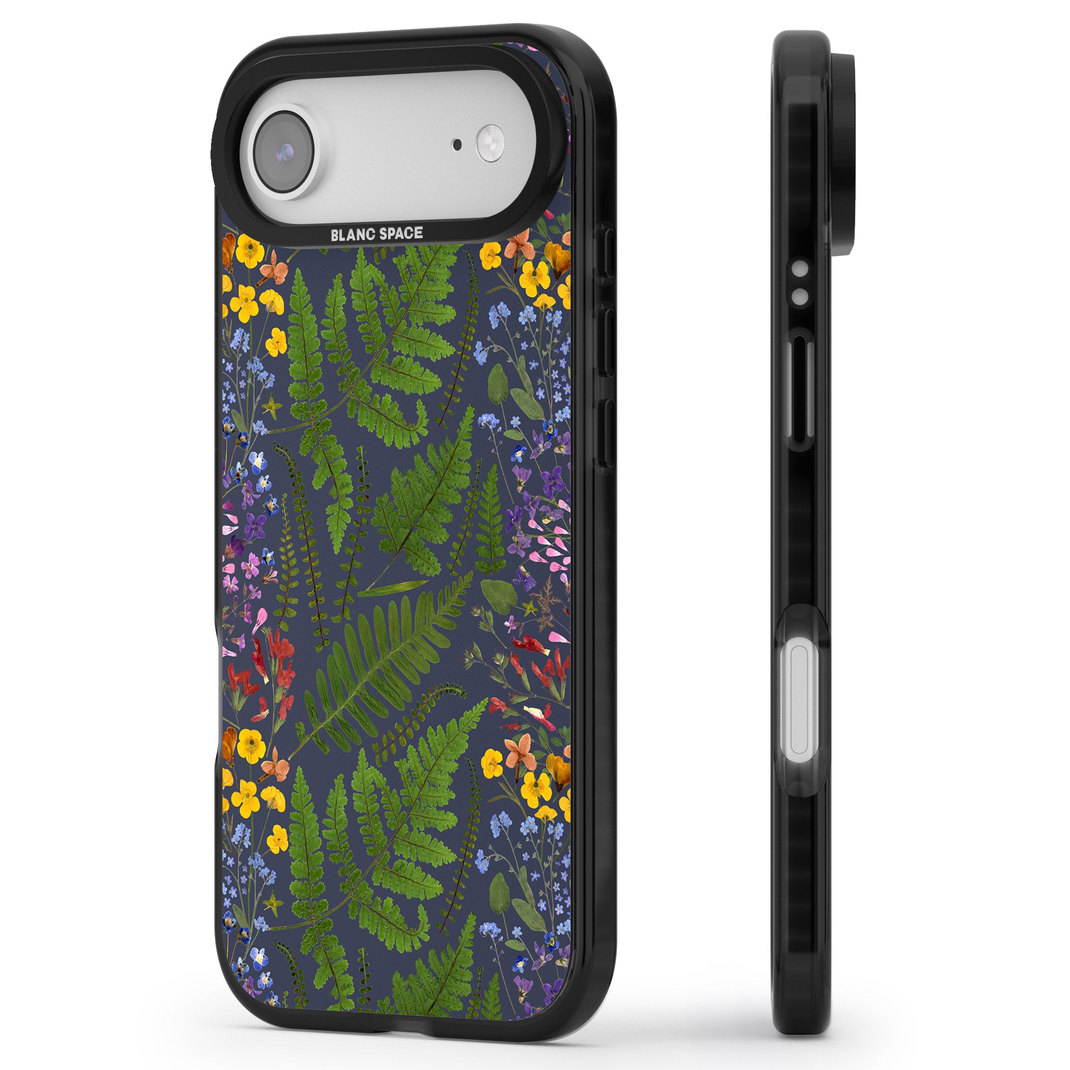 Busy Floral And Fern Design Navy iPhone 17 Air Impact Pro Black Phone Case Side Profile