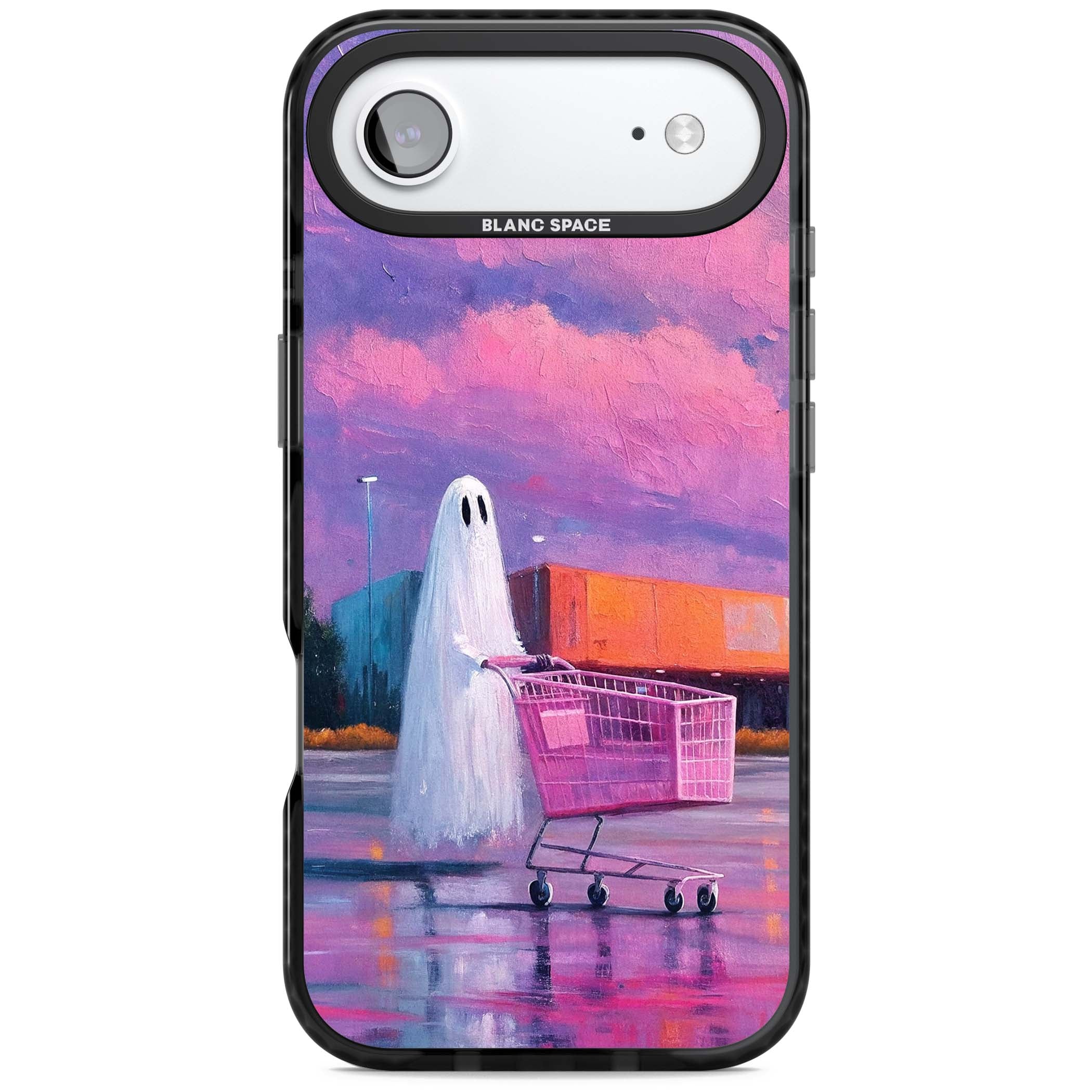 A Ghost's Errand ghost halloween iPhone case featuring a painted ghost, pink shopping trolley and purple sunset sky | Black Impact Magsafe case for iPhone Air