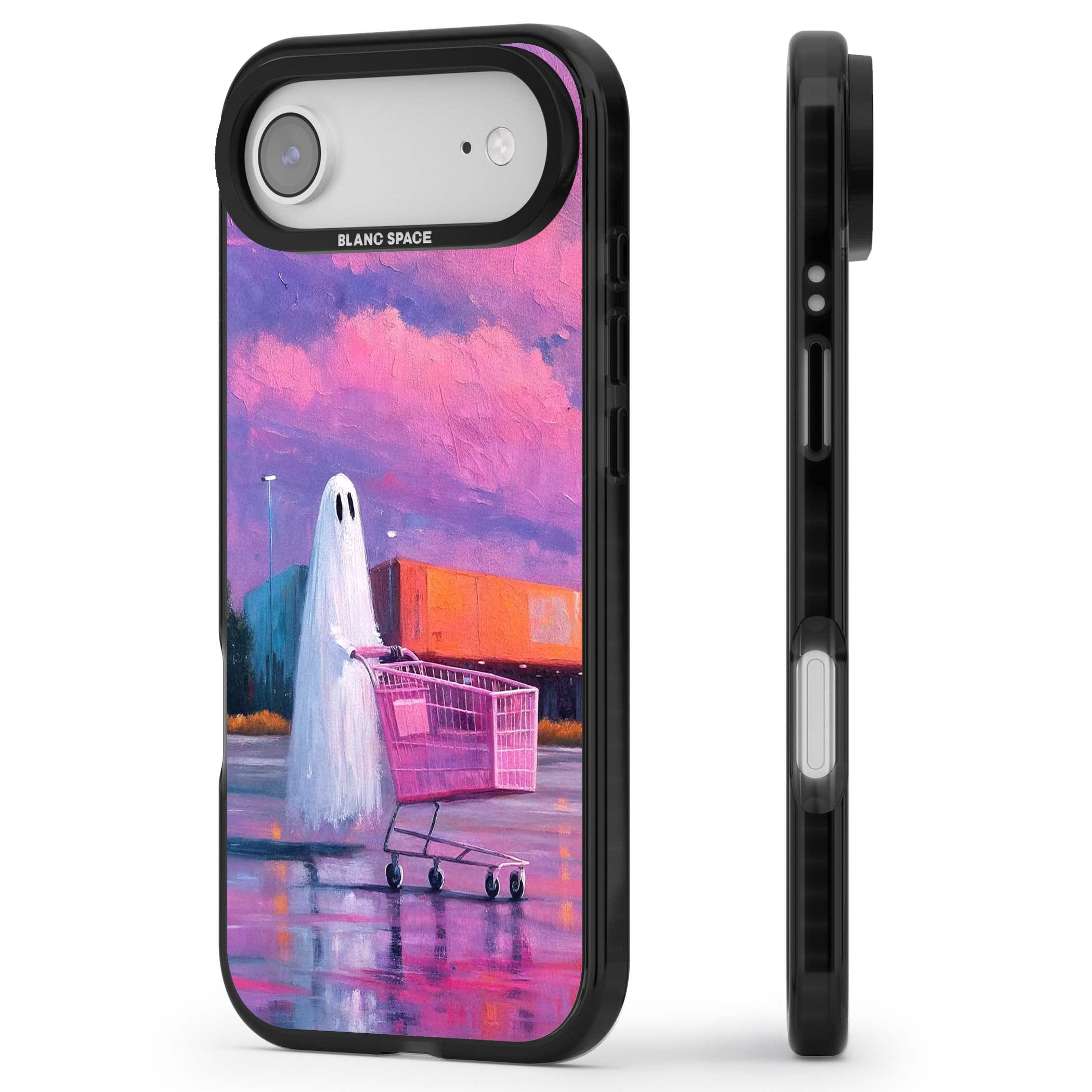 A Ghost's Errand ghost halloween iPhone case featuring a painted ghost, pink shopping trolley and purple sunset sky | Black Impact Magsafe case for iPhone Air