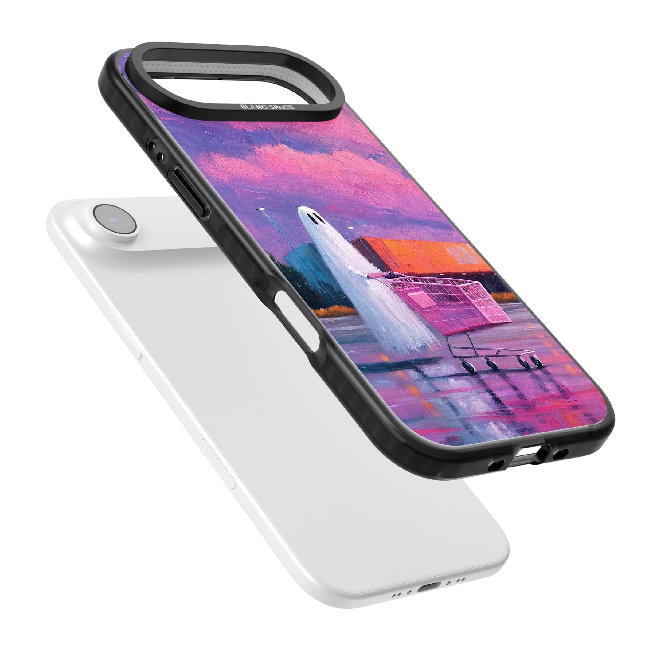 A Ghost's Errand ghost halloween iPhone case featuring a painted ghost, pink shopping trolley and purple sunset sky | Black Impact Magsafe case for iPhone Air