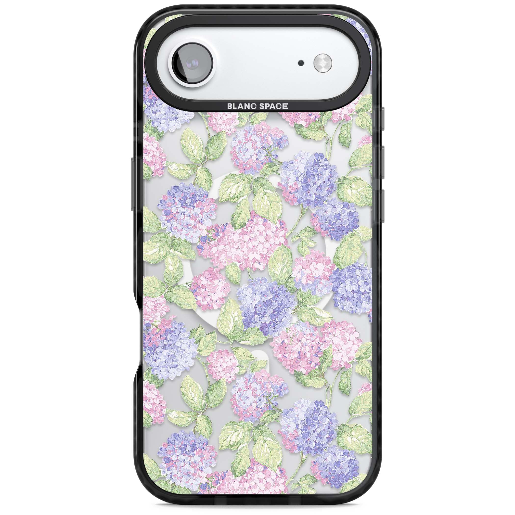 Cottage Hydrangea cottagecore iPhone case featuring pink and purple hydrangea blooms with green leaves on a clear background | Black Impact Magsafe case for iPhone Air