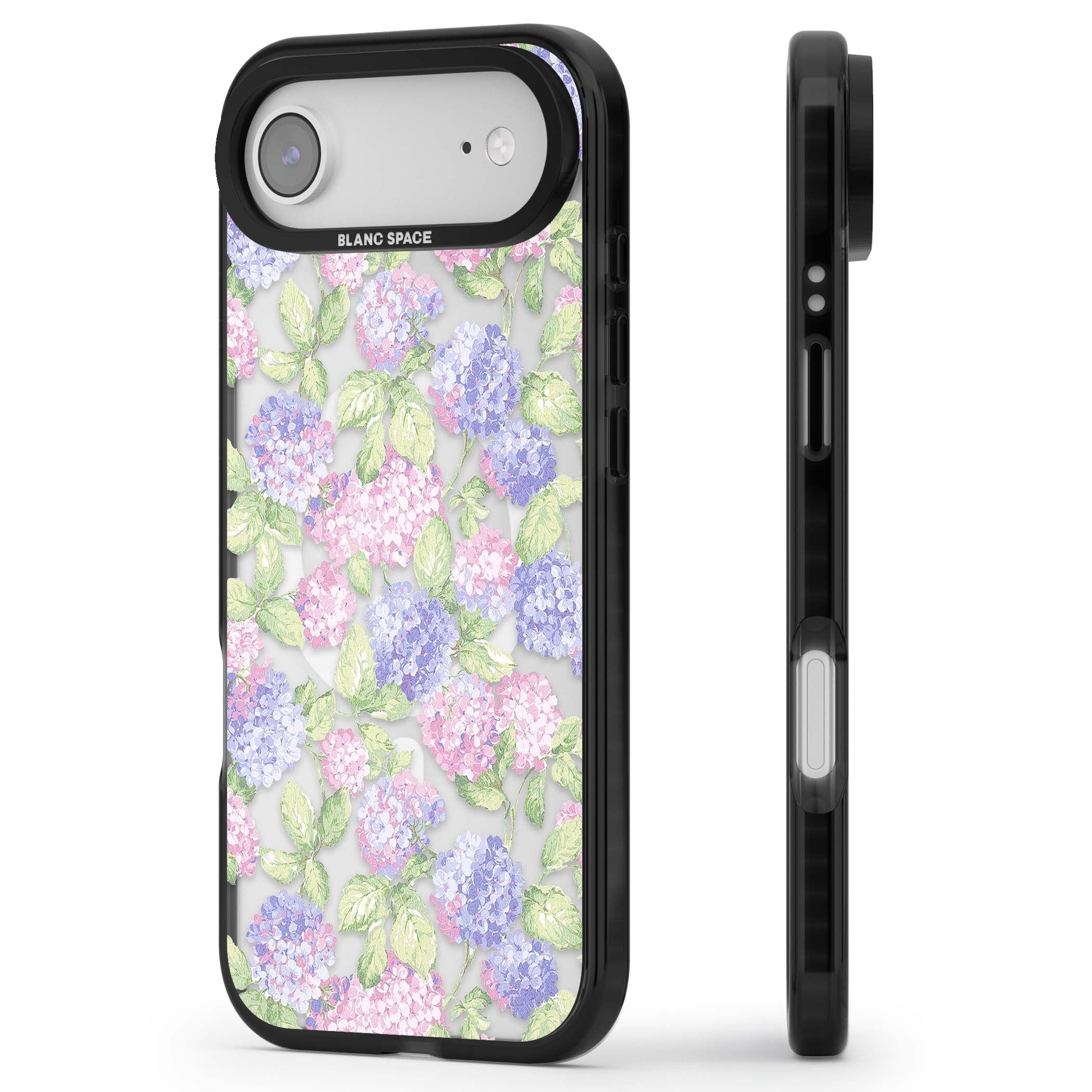 Cottage Hydrangea cottagecore iPhone case featuring pink and purple hydrangea blooms with green leaves on a clear background | Black Impact Magsafe case for iPhone Air