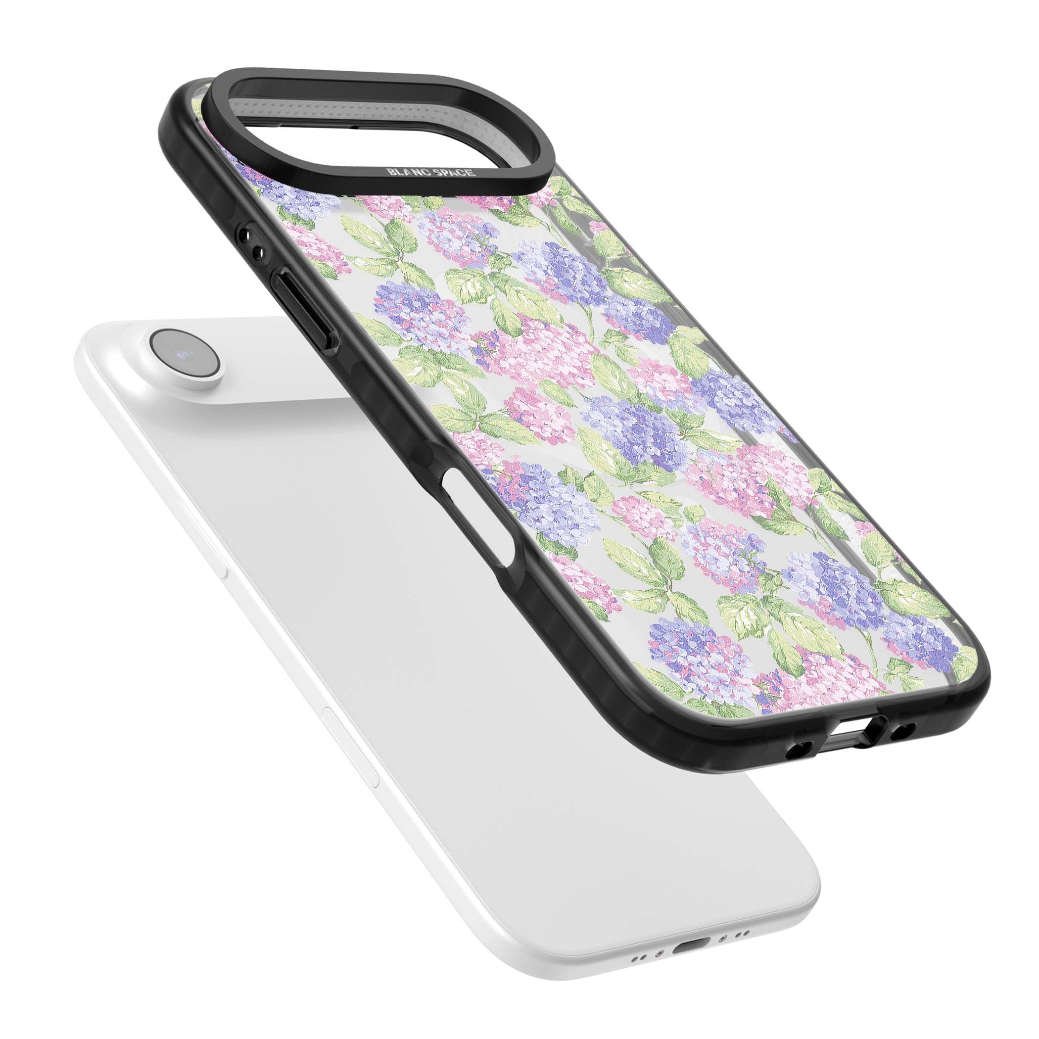 Cottage Hydrangea cottagecore iPhone case featuring pink and purple hydrangea blooms with green leaves on a clear background | Black Impact Magsafe case for iPhone Air