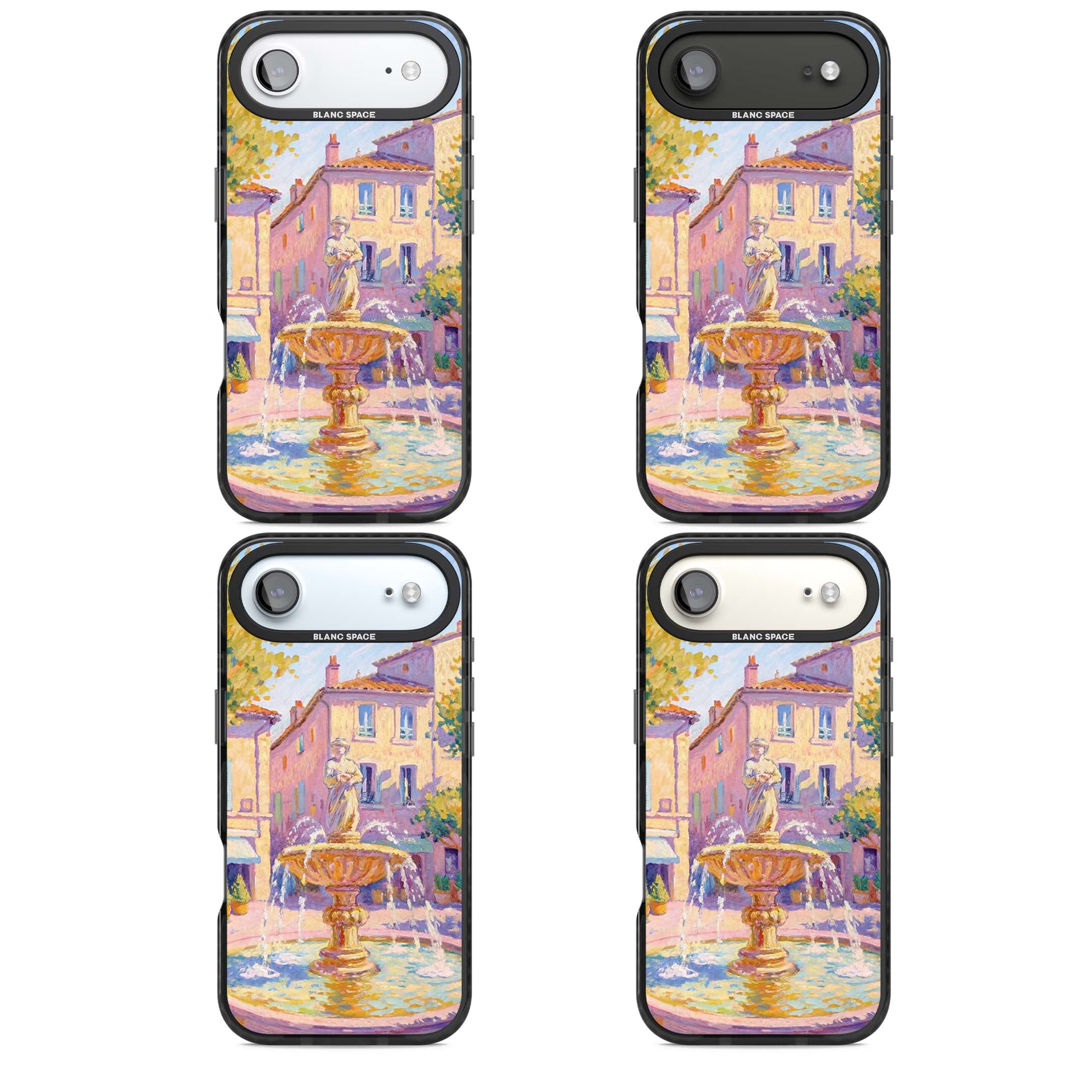 Fountain Square fine art iPhone case featuring an impressionist Provençal fountain, pastel village buildings and summe | Black Impact Magsafe case for iPhone Air