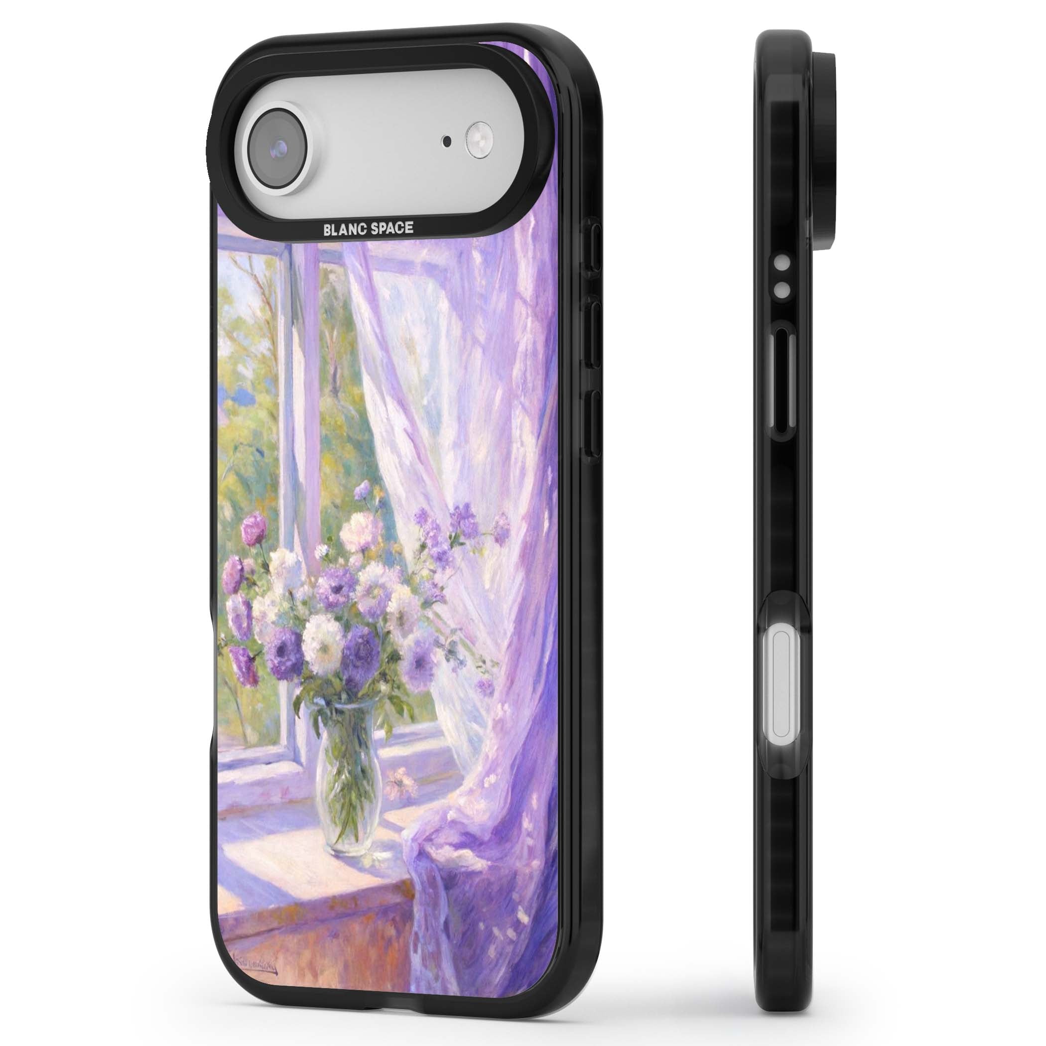 A Provence Morning impressionist art iPhone case featuring a vase of purple flowers, sunlit window and sheer curt | Black Impact Magsafe case for iPhone Air