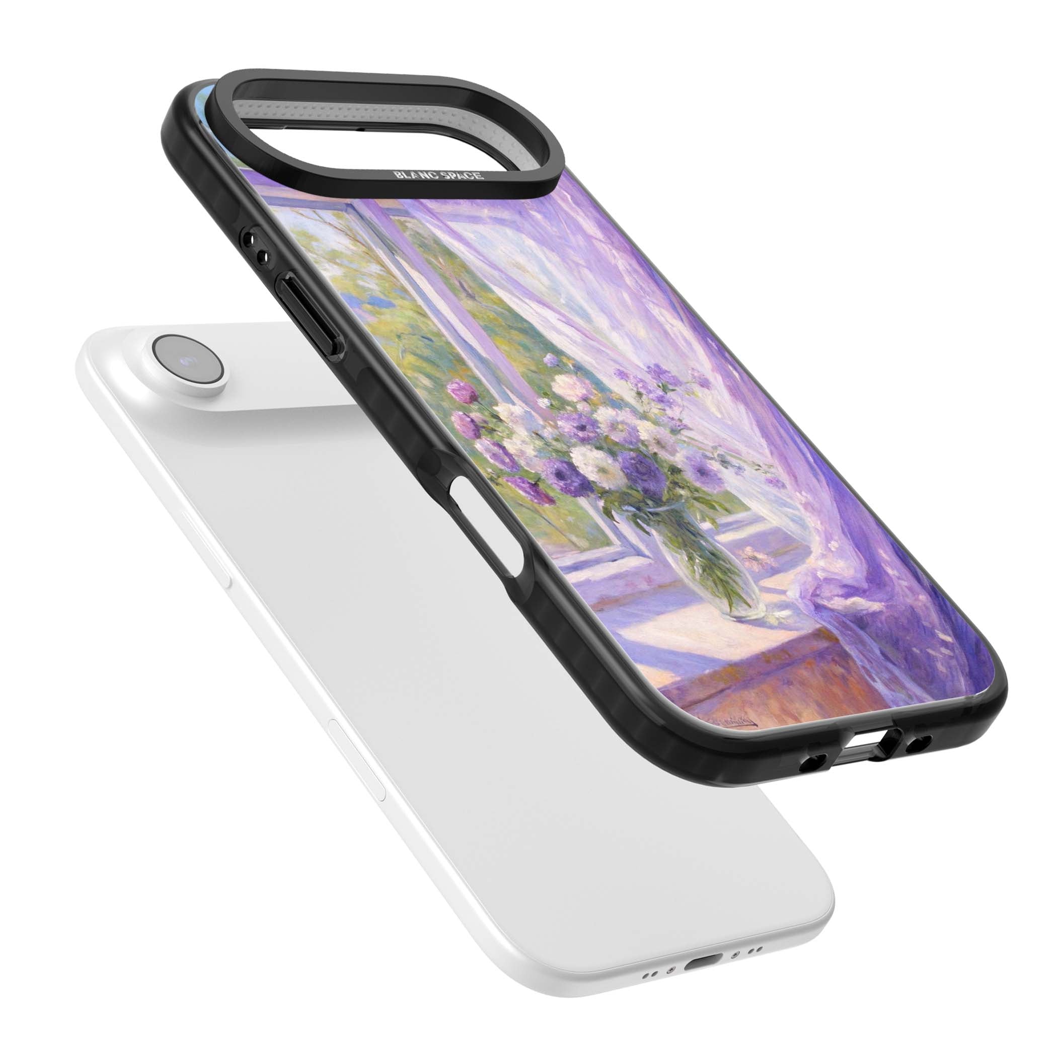 A Provence Morning impressionist art iPhone case featuring a vase of purple flowers, sunlit window and sheer curt | Black Impact Magsafe case for iPhone Air