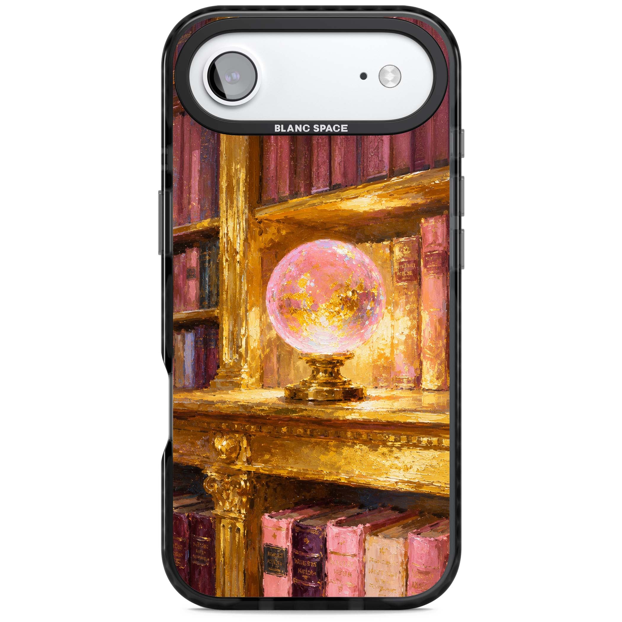 Gilded Library dark academia iPhone case featuring an oil painted crystal ball on a gilded library shelf with vintage | Black Impact Magsafe case for iPhone Air