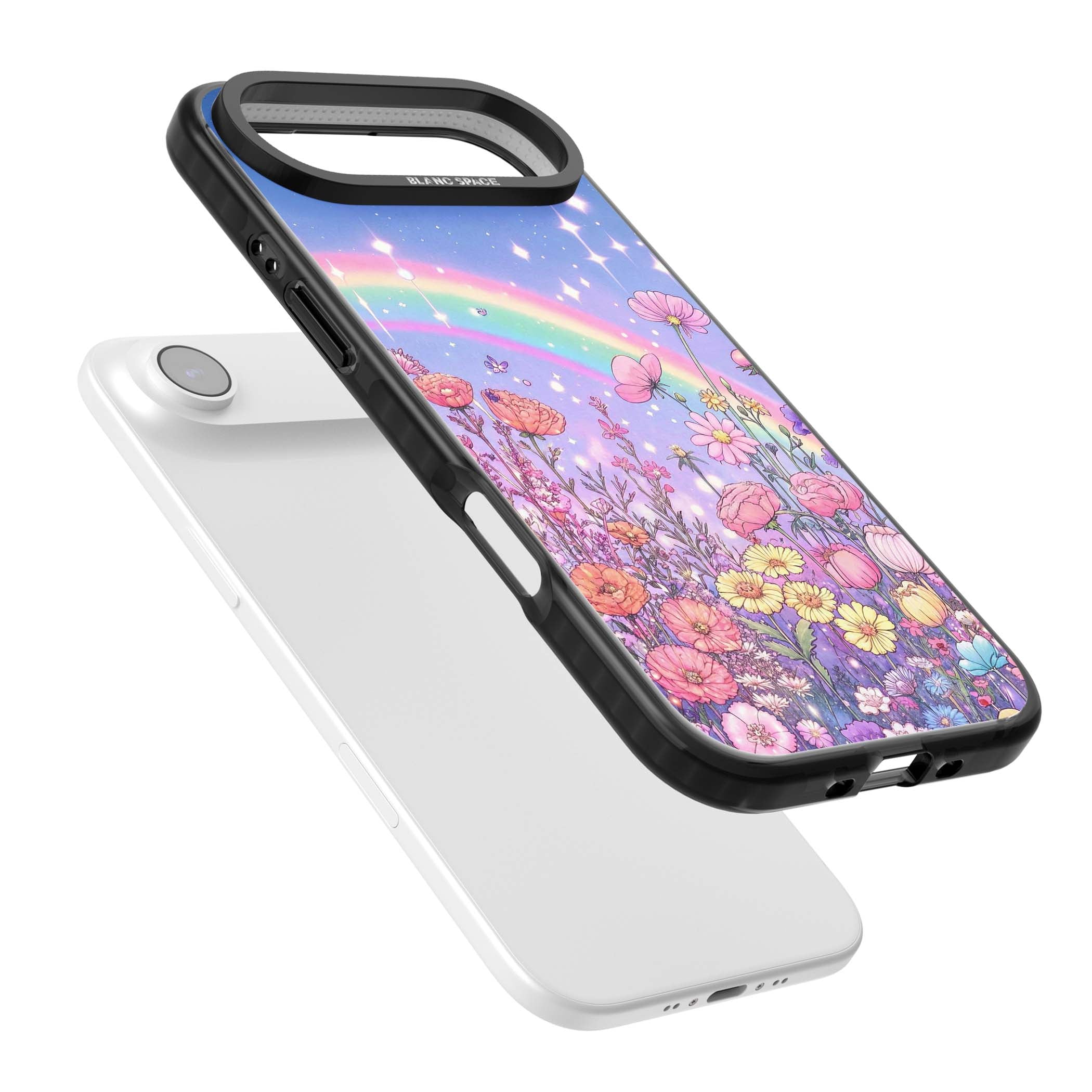 Magical Meadow fairycore iPhone case featuring a pastel rainbow, sparkling stars and a wildflower meadow | Black Impact Magsafe case for iPhone Air
