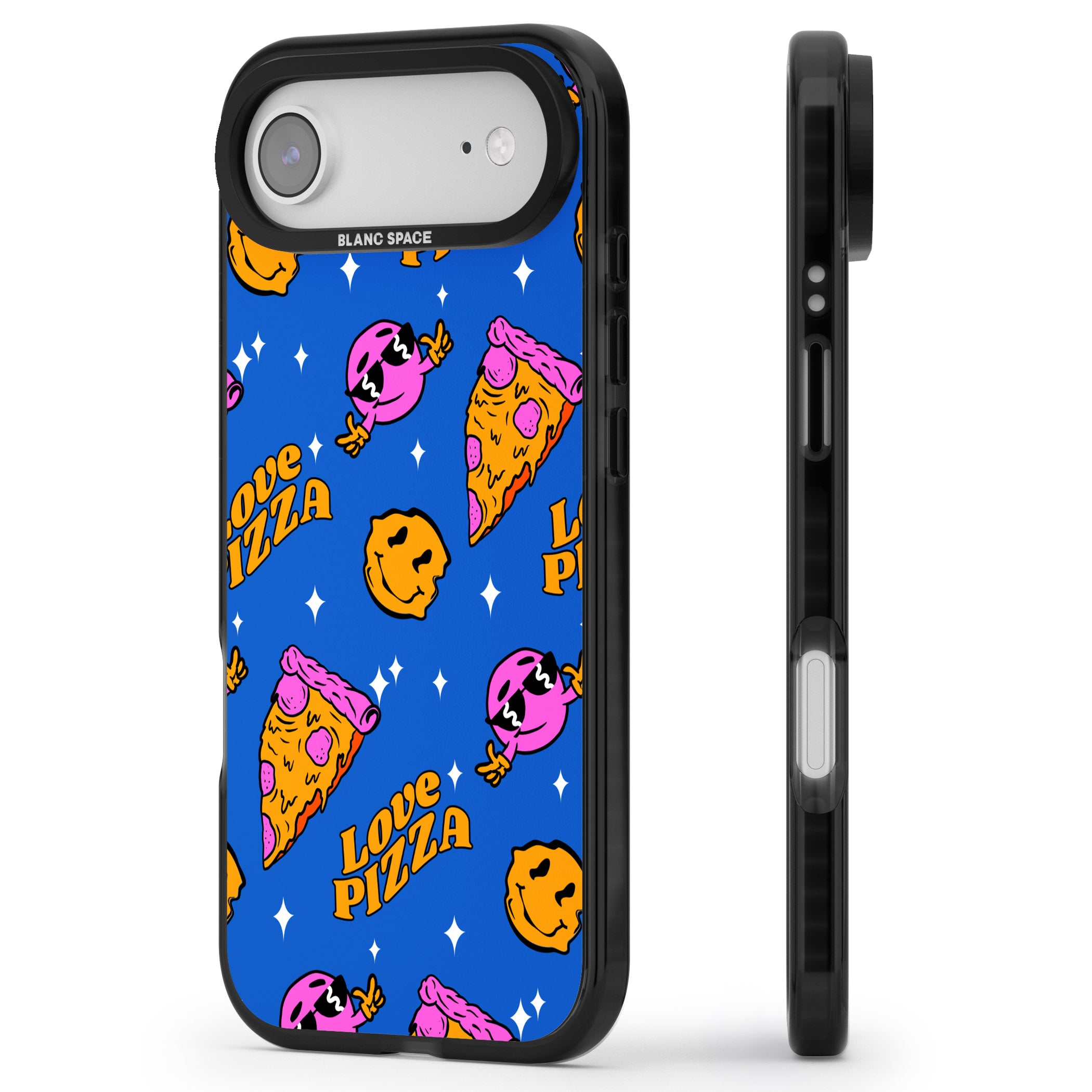 Psychedelic Love Pizza Pattern iPhone 17 Air Impact Pro Black Phone Case Side Profile